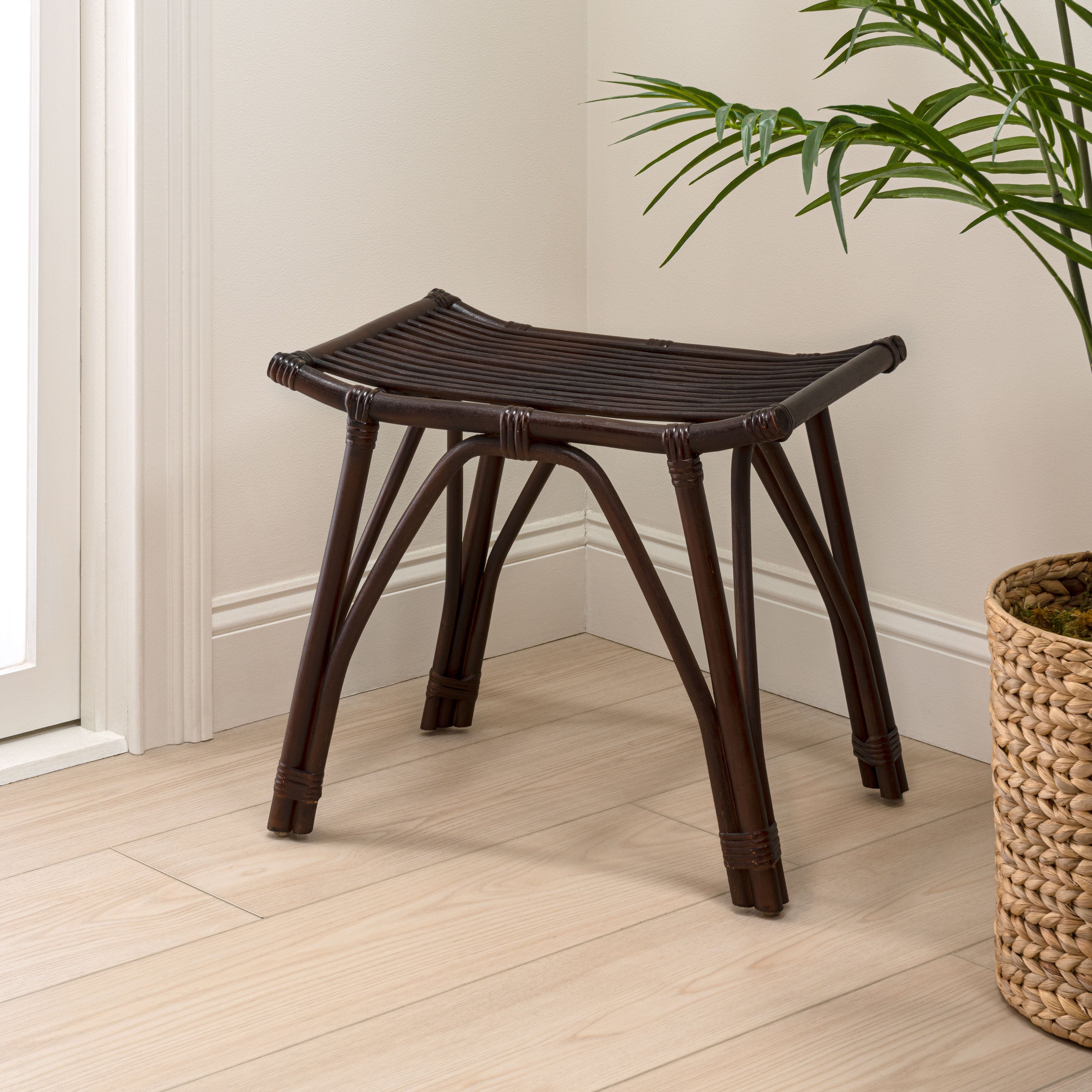 Gabriel Modern Bohemian Handcrafted Rattan/Teak Wood Curved Seat Accent Stool
