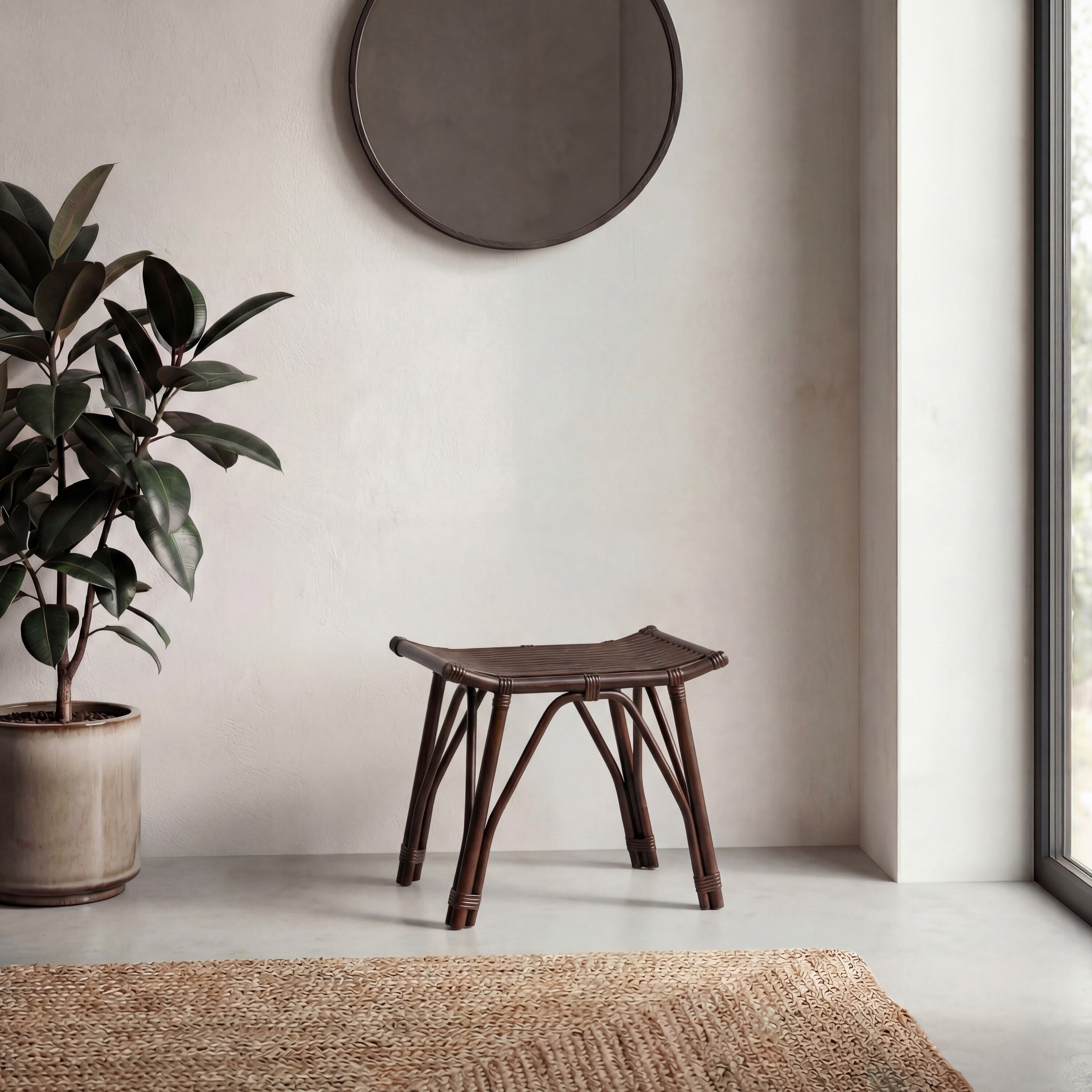 Gabriel Modern Bohemian Handcrafted Rattan/Teak Wood Curved Seat Accent Stool