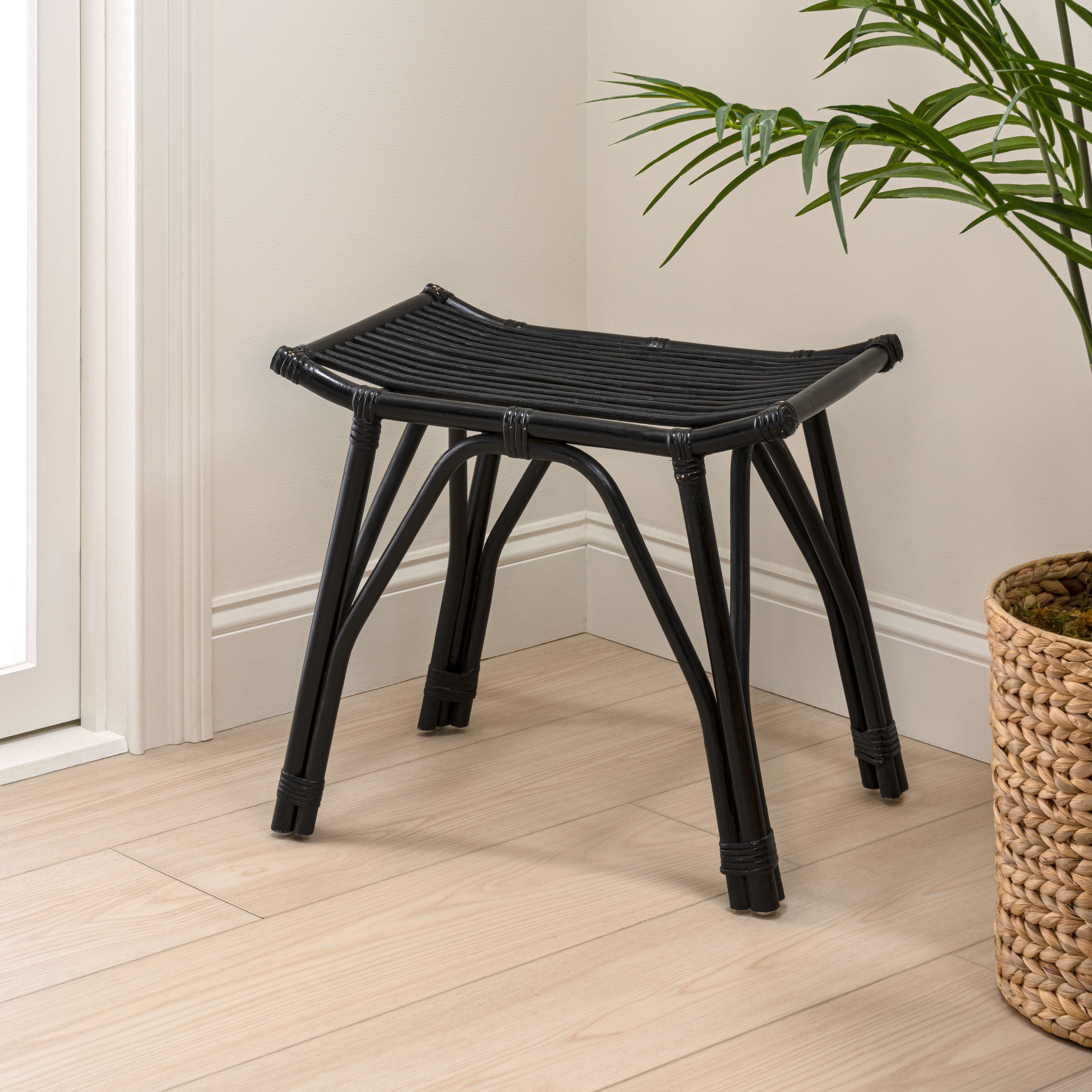 Gabriel Modern Bohemian Handcrafted Rattan/Teak Wood Curved Seat Accent Stool