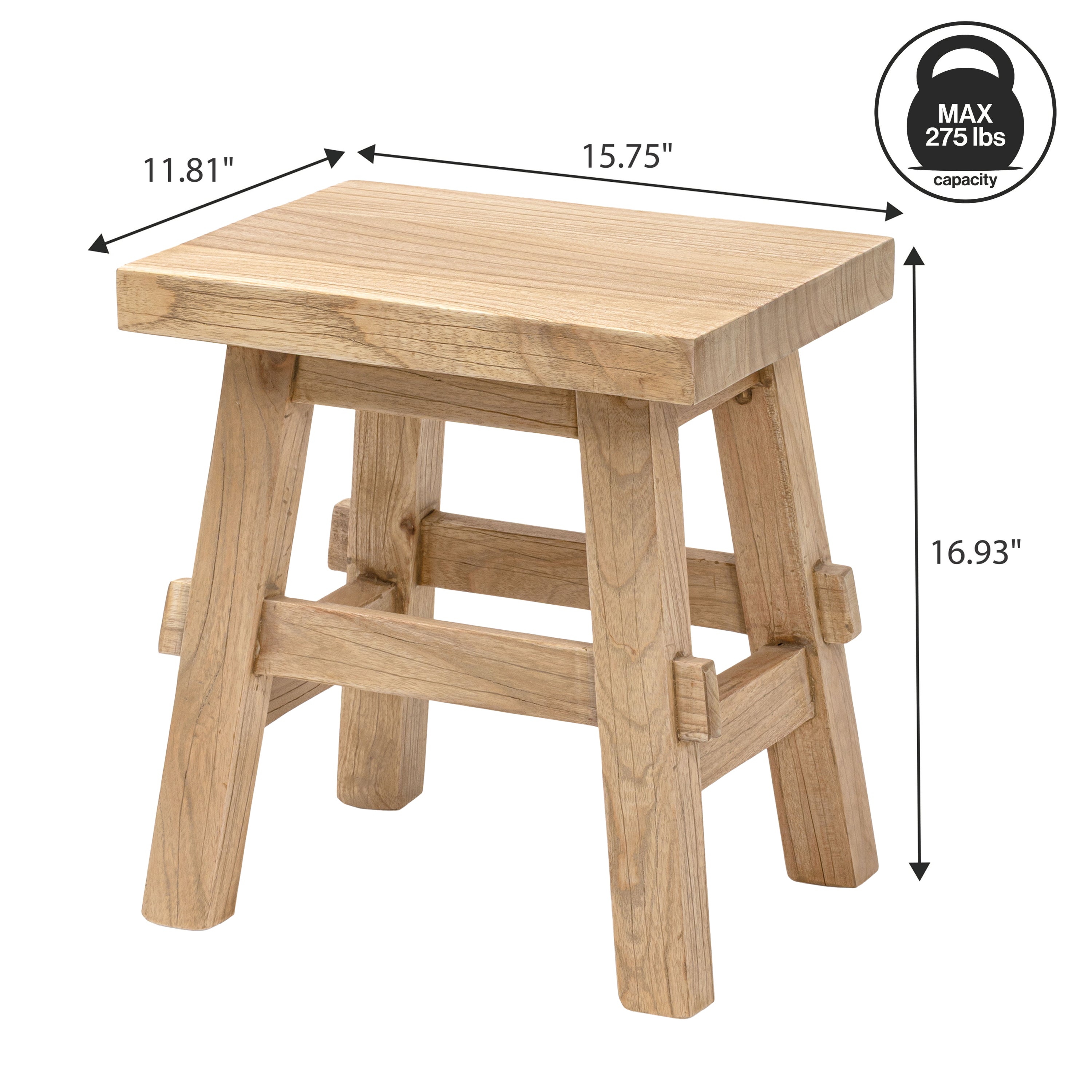Revine Rustic Farmhouse Solid Mindi Wood Handcrafted Accent Stool