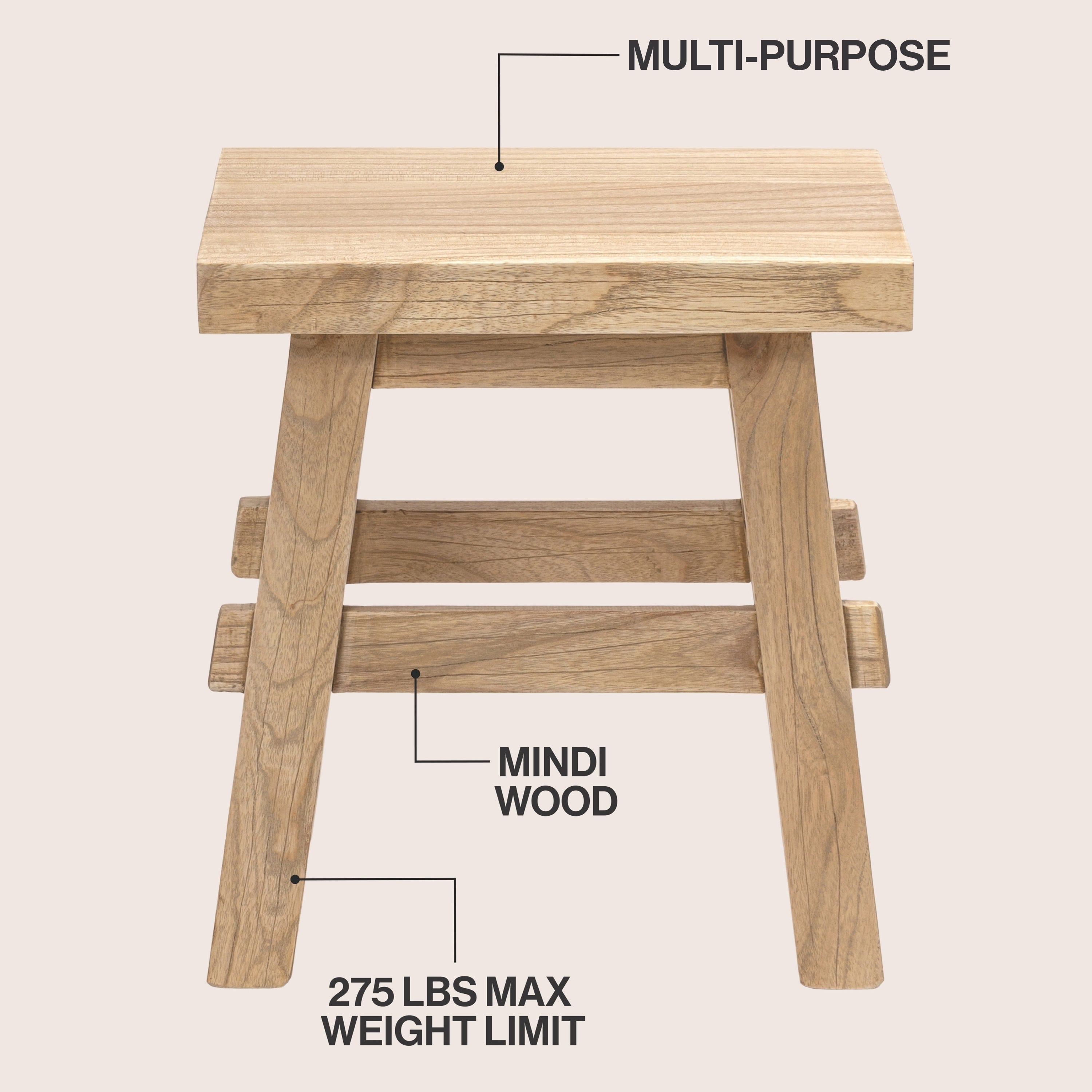 Revine Rustic Farmhouse Solid Mindi Wood Handcrafted Accent Stool