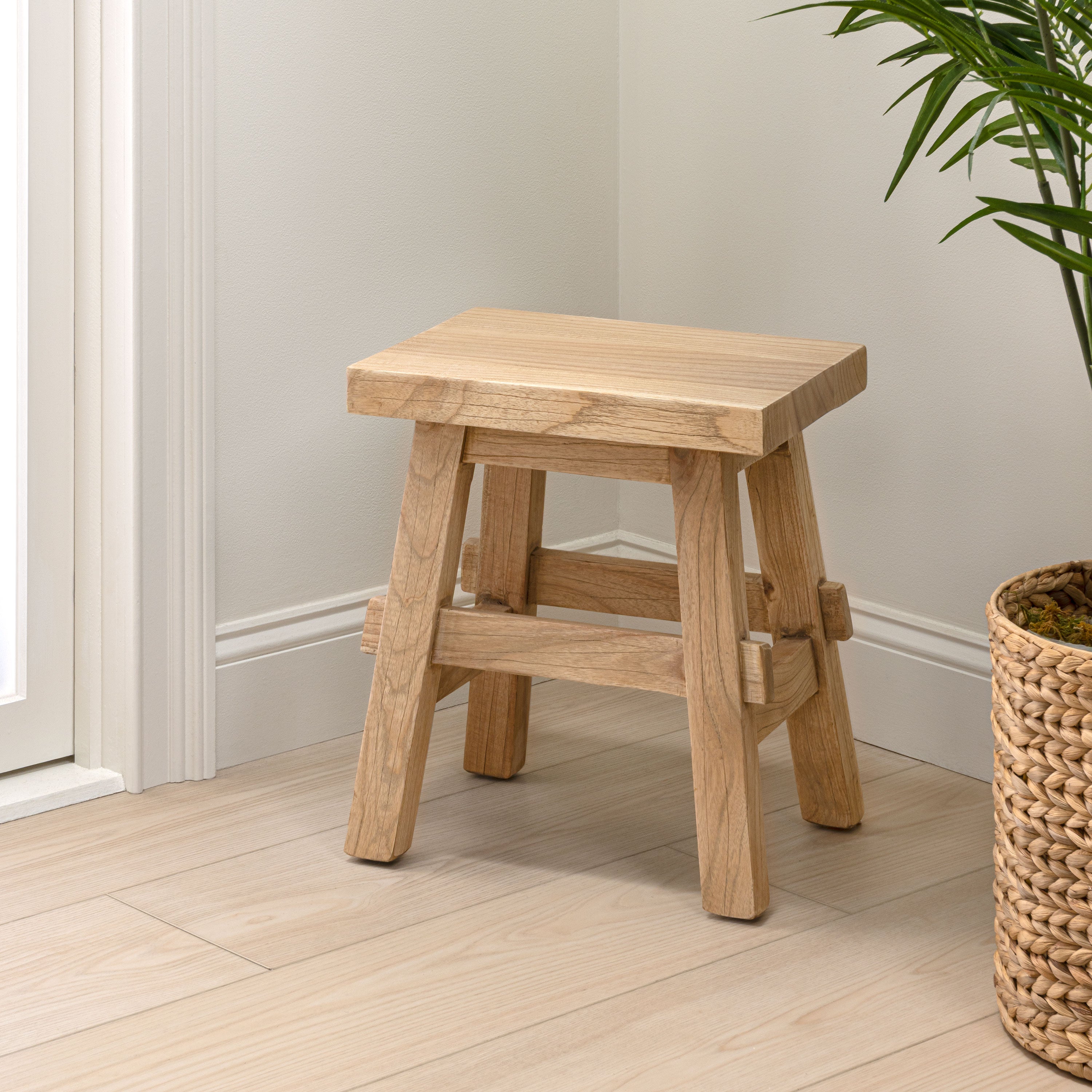 Revine Rustic Farmhouse Solid Mindi Wood Handcrafted Accent Stool