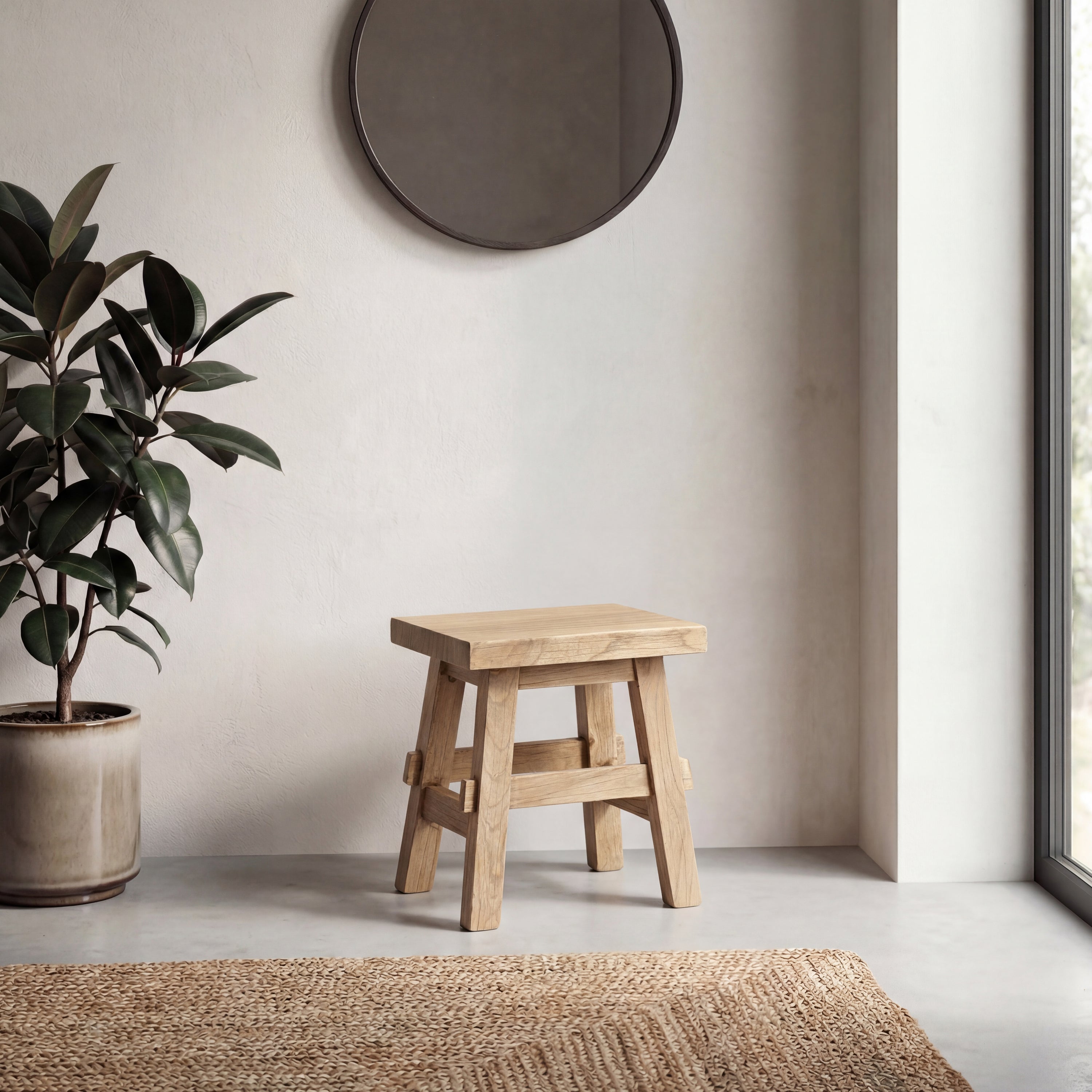 Revine Rustic Farmhouse Solid Mindi Wood Handcrafted Accent Stool