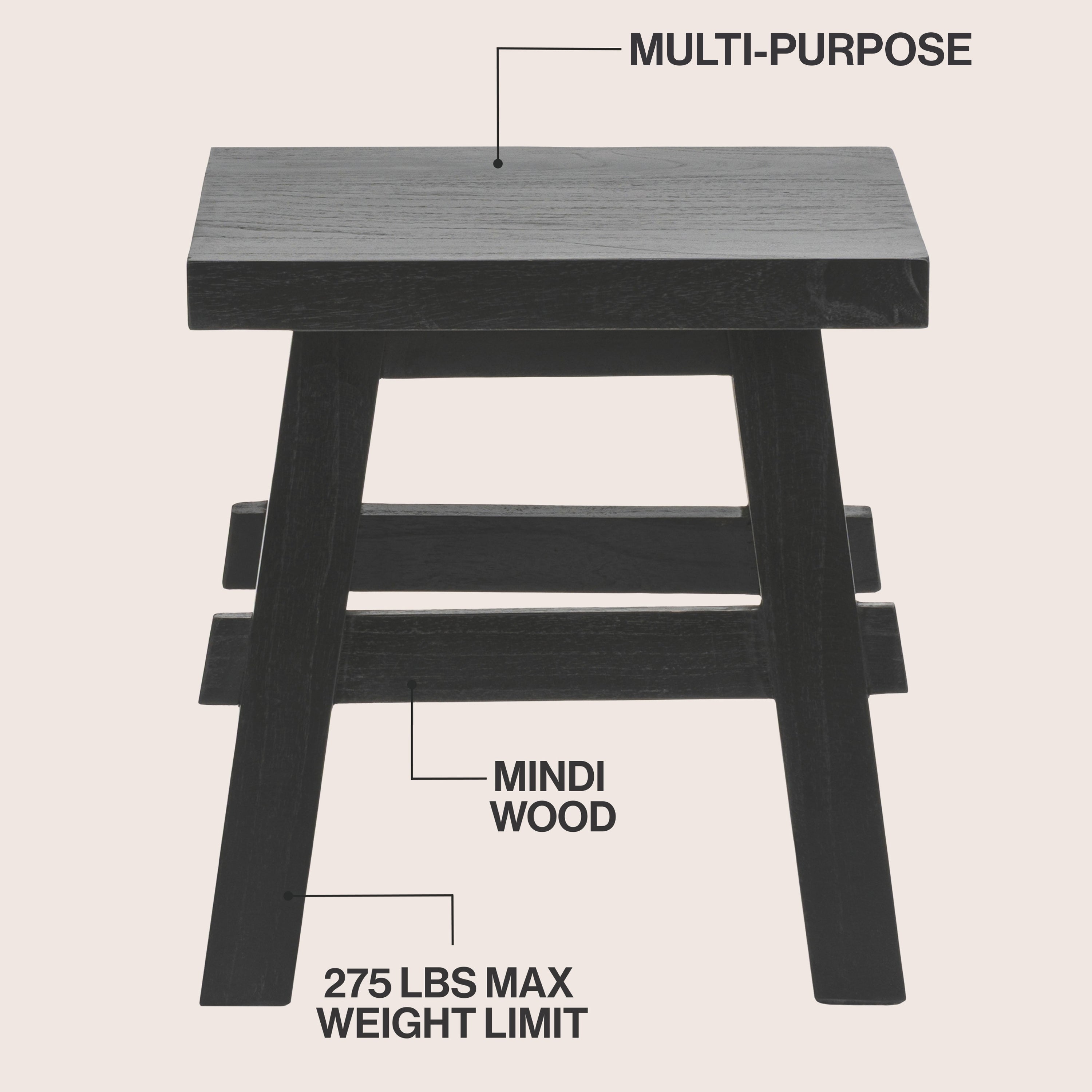 Revine Rustic Farmhouse Solid Mindi Wood Handcrafted Accent Stool