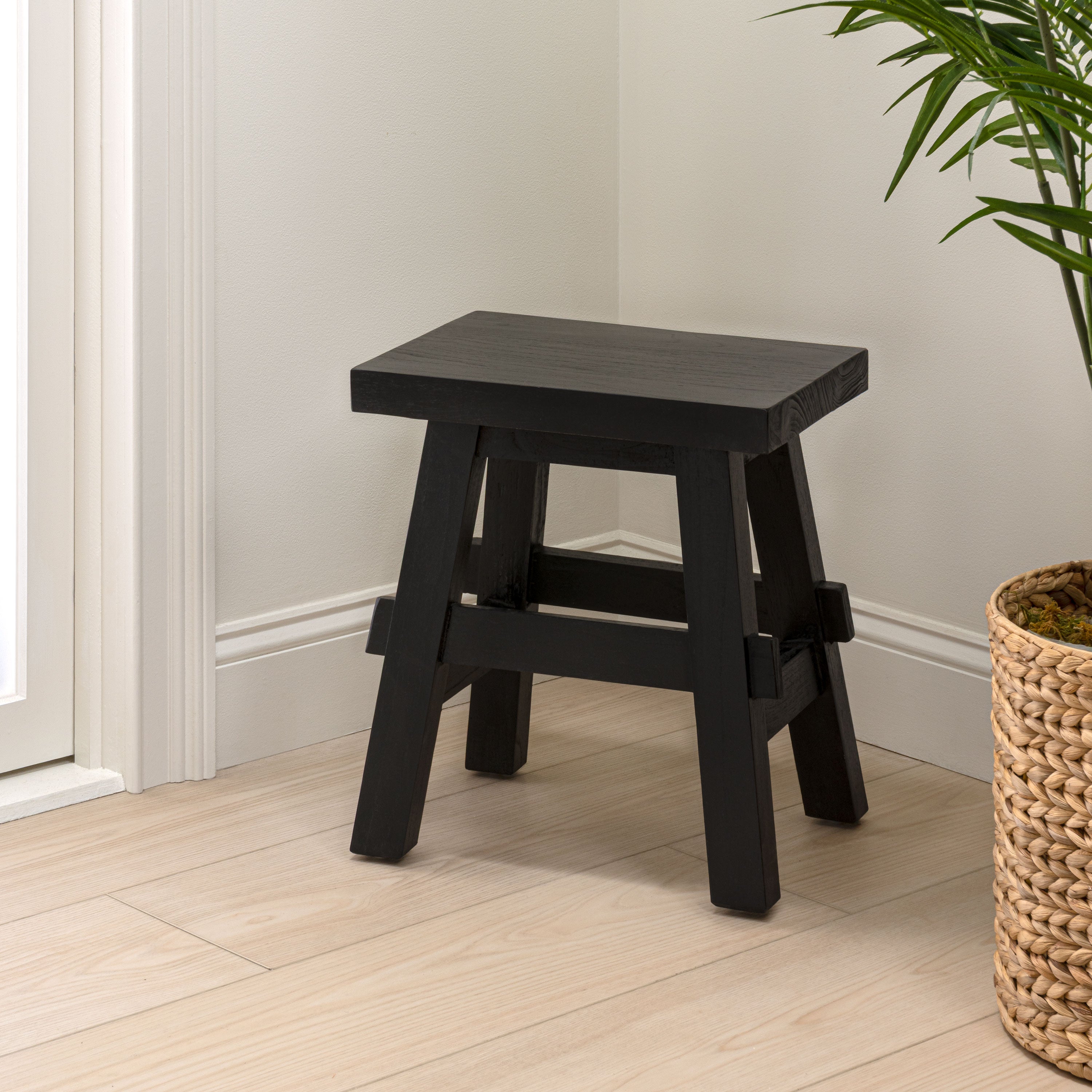 Revine Rustic Farmhouse Solid Mindi Wood Handcrafted Accent Stool