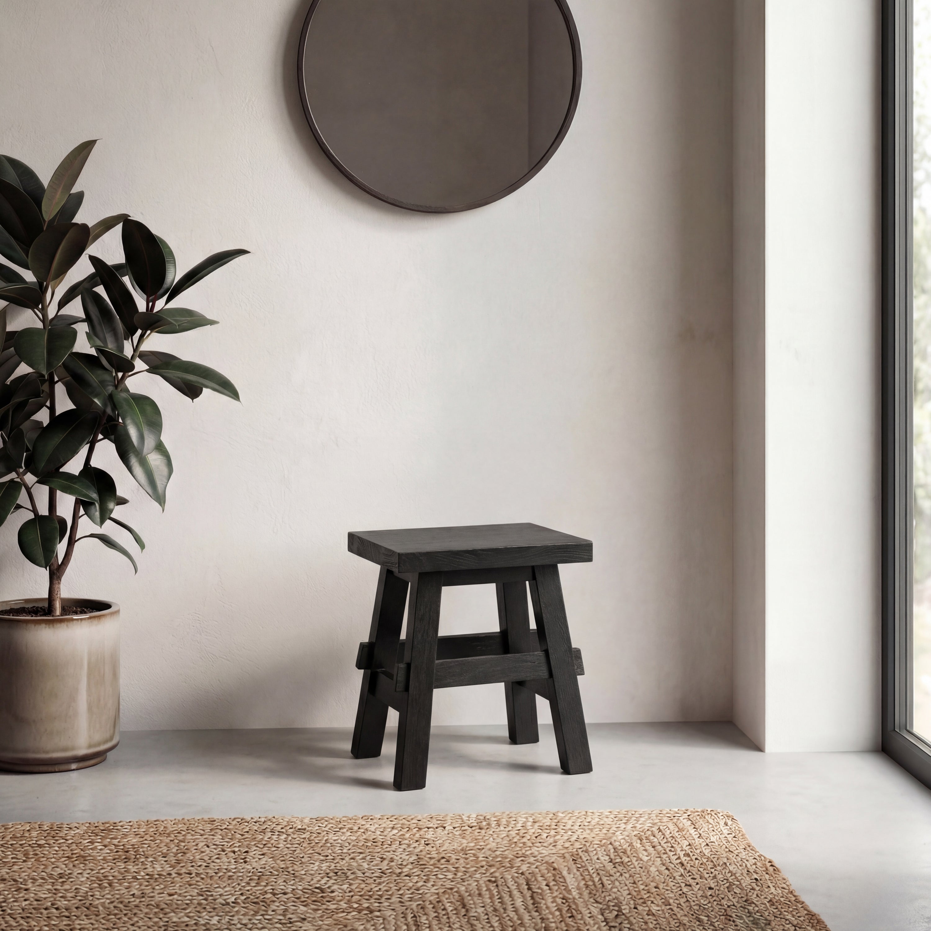 Revine Rustic Farmhouse Solid Mindi Wood Handcrafted Accent Stool