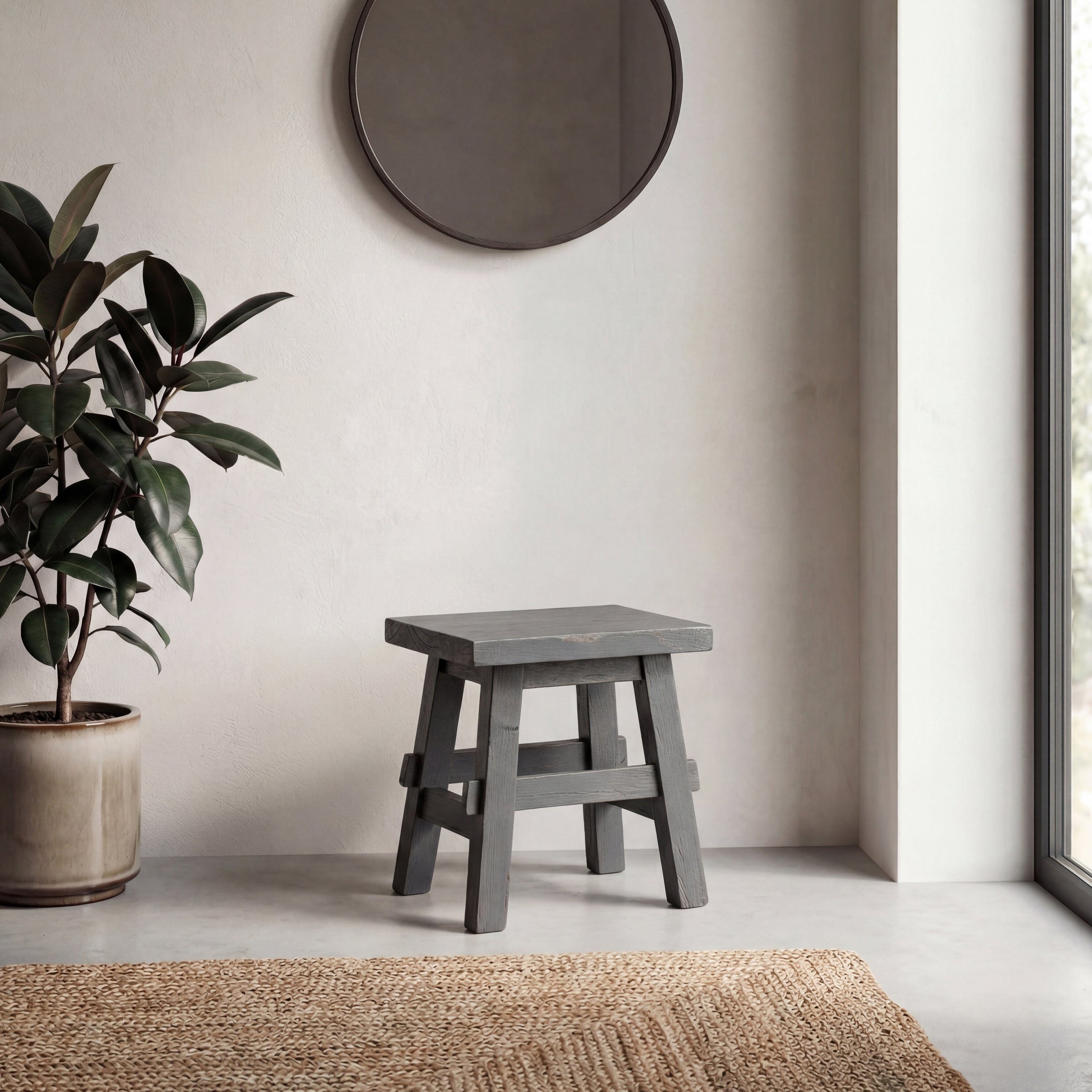 Revine Rustic Farmhouse Solid Mindi Wood Handcrafted Accent Stool