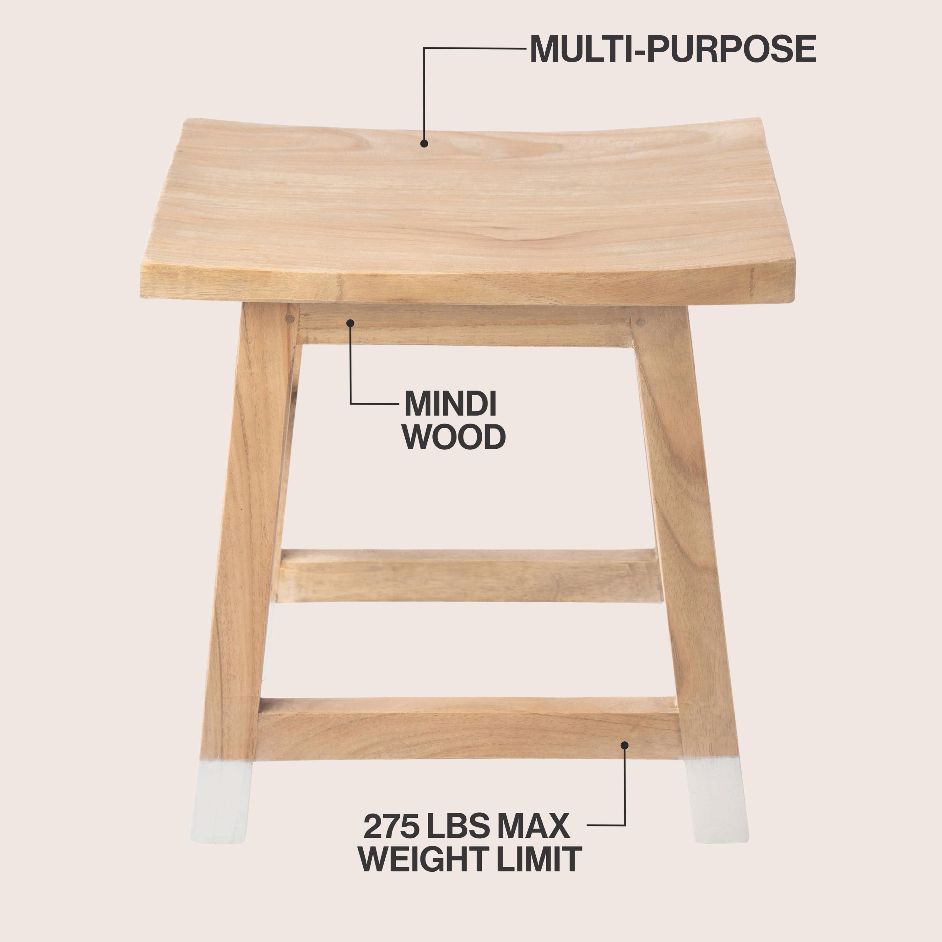 Finesse Classic Casual Handcrafted Solid Mindi Wood Accent Stool with Tipped Legs
