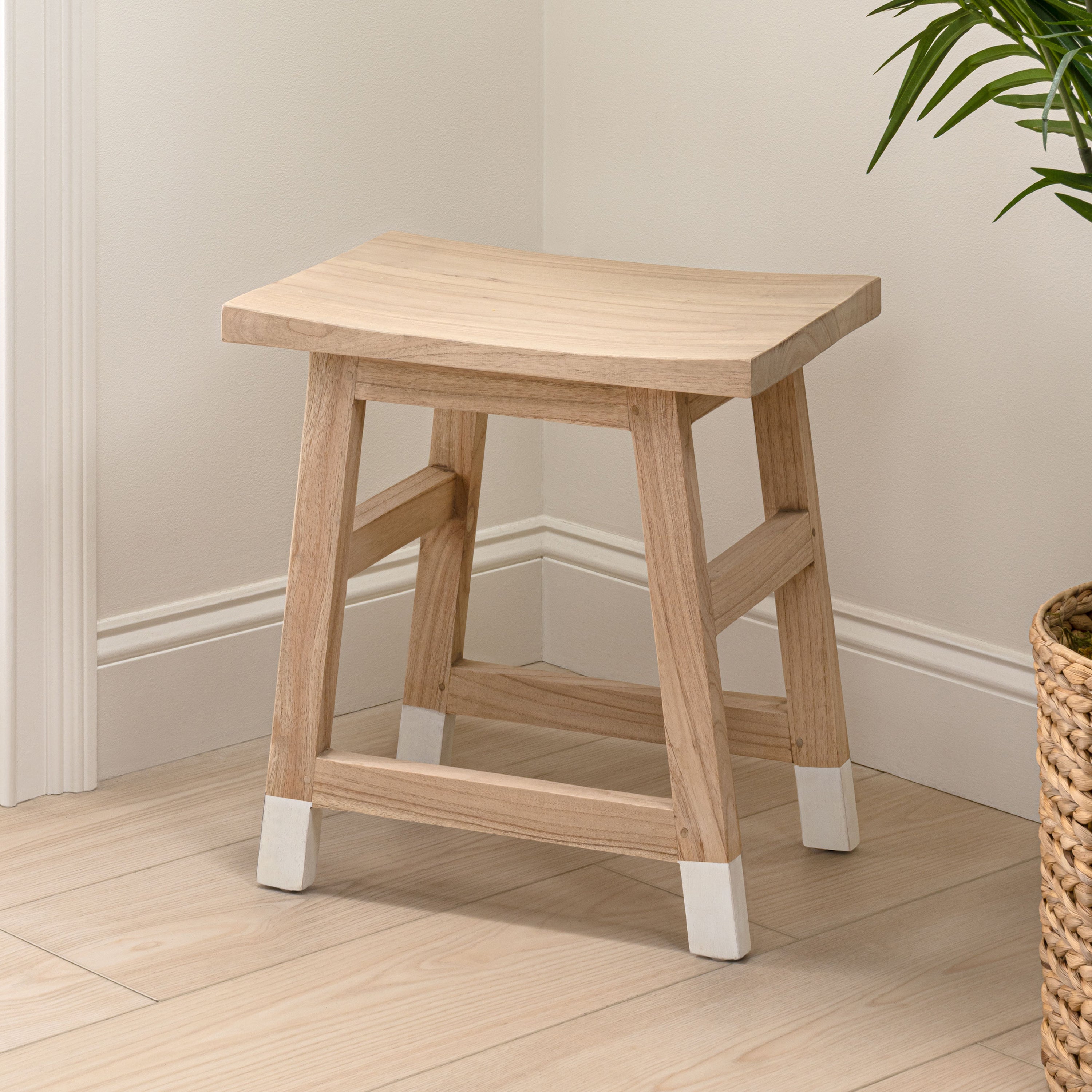 Finesse Classic Casual Handcrafted Solid Mindi Wood Accent Stool with Tipped Legs