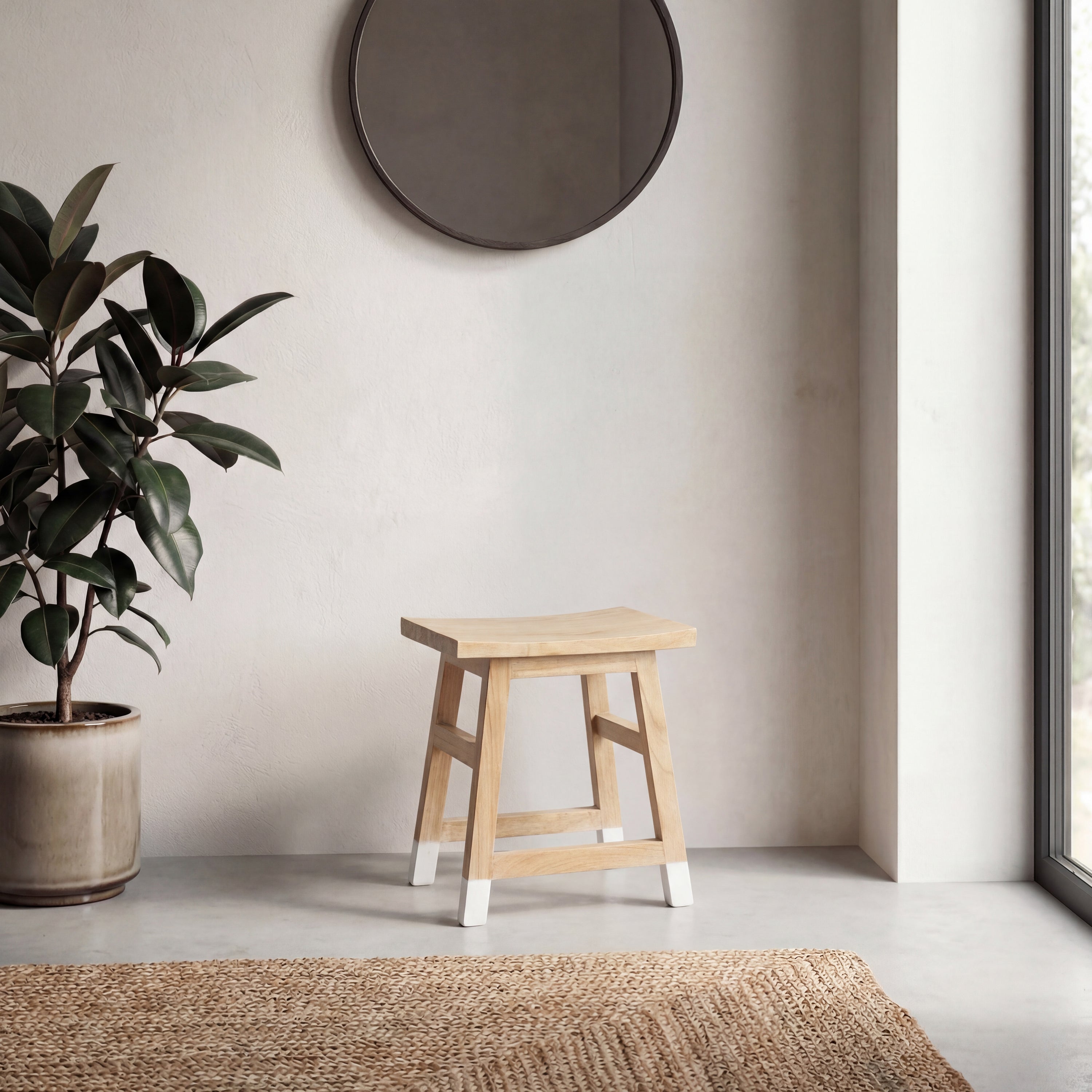 Finesse Classic Casual Handcrafted Solid Mindi Wood Accent Stool with Tipped Legs