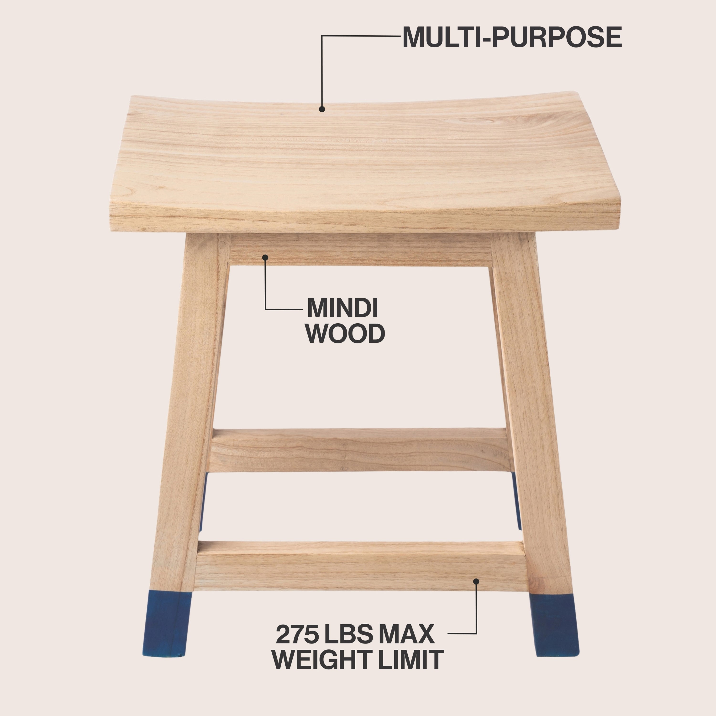 Finesse Classic Casual Handcrafted Solid Mindi Wood Accent Stool with Tipped Legs