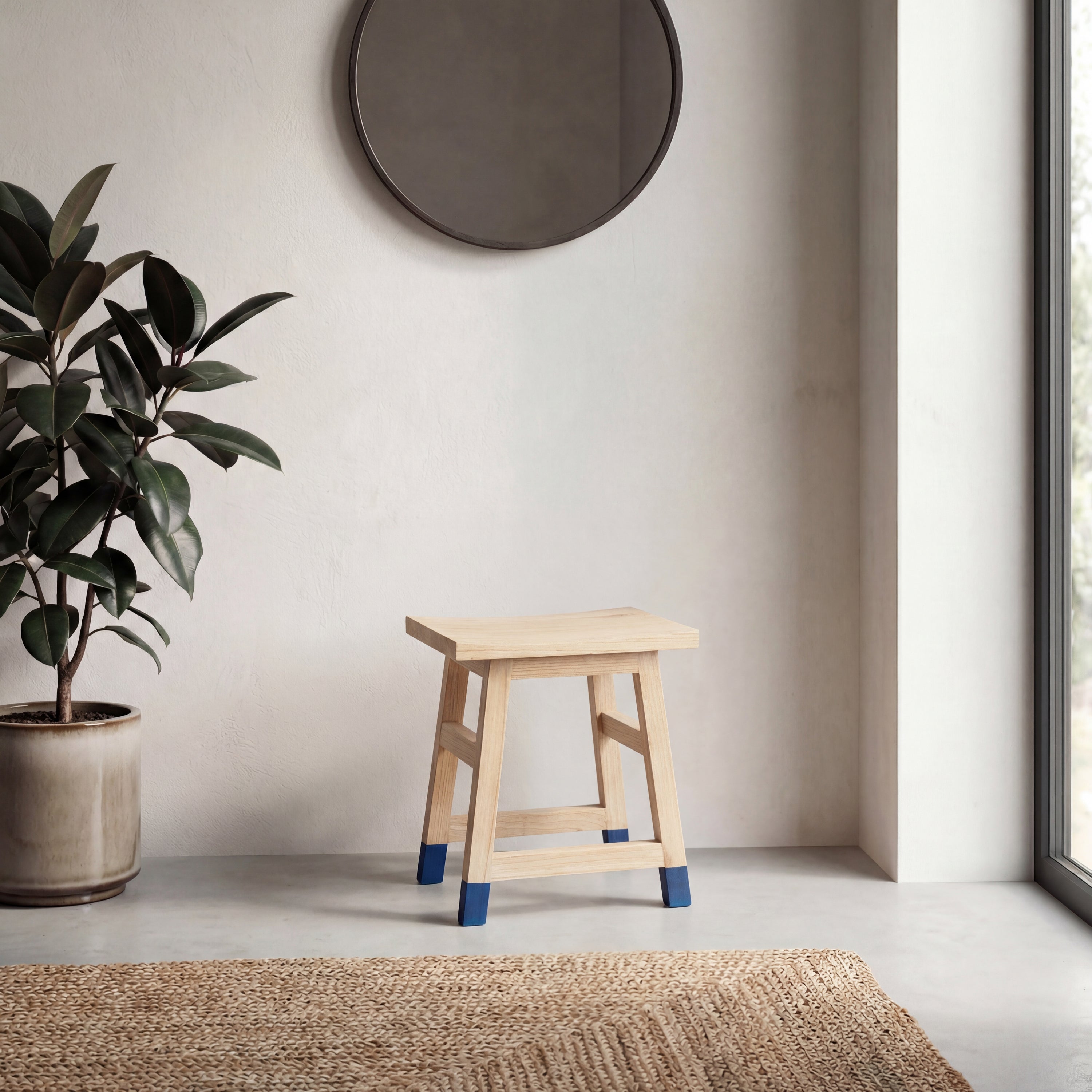 Finesse Classic Casual Handcrafted Solid Mindi Wood Accent Stool with Tipped Legs