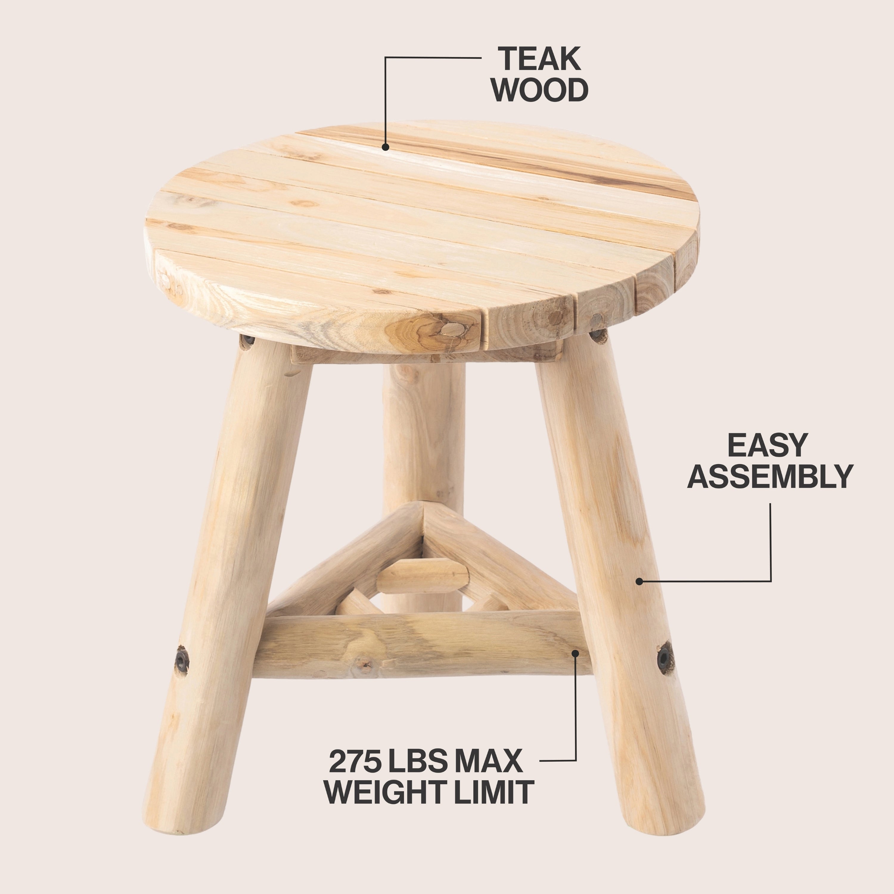 Triform Modern Minimalist Handcrafted Solid Teak Wood Accent Stool with Tri-Leg Base