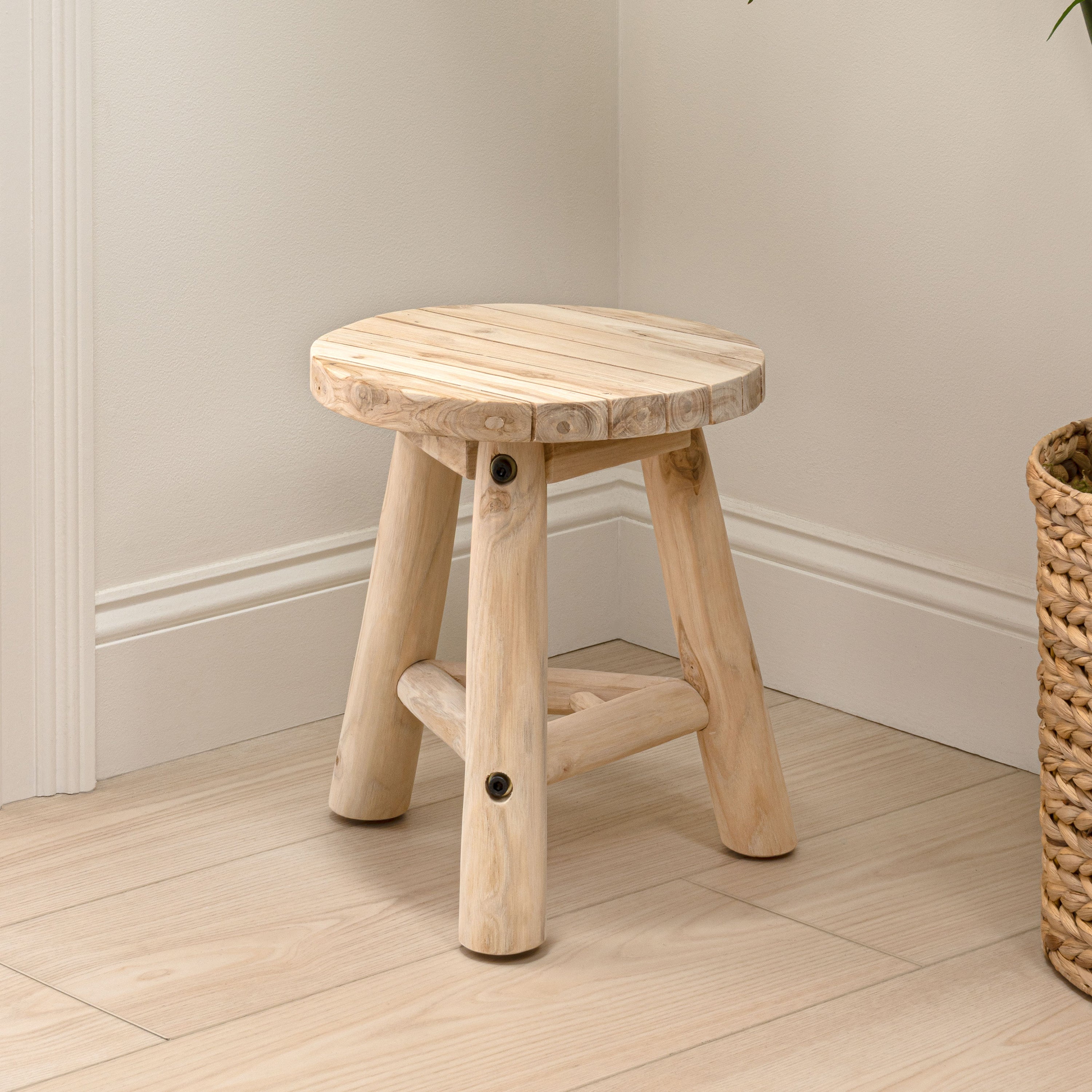Triform Modern Minimalist Handcrafted Solid Teak Wood Accent Stool with Tri-Leg Base
