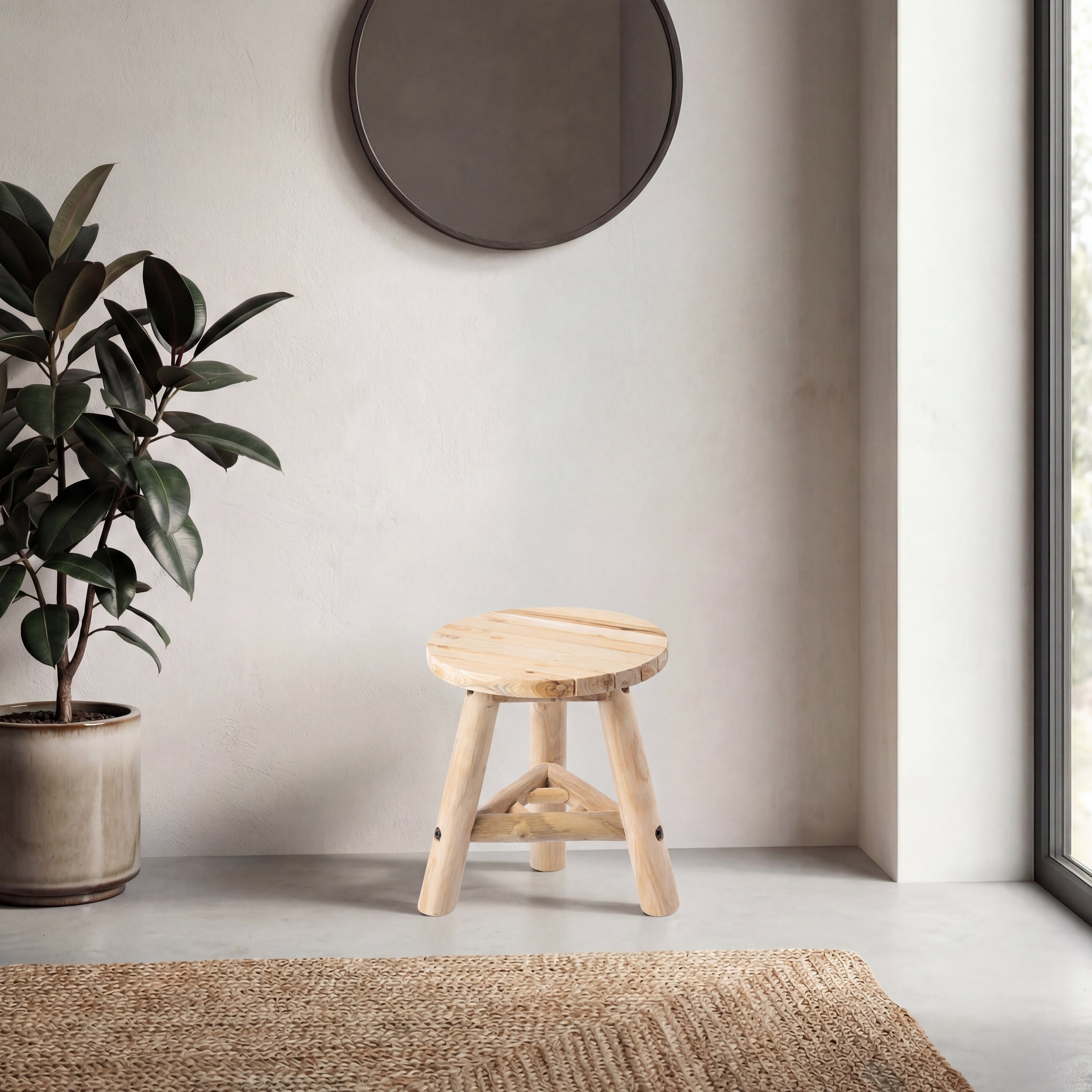 Triform Modern Minimalist Handcrafted Solid Teak Wood Accent Stool with Tri-Leg Base
