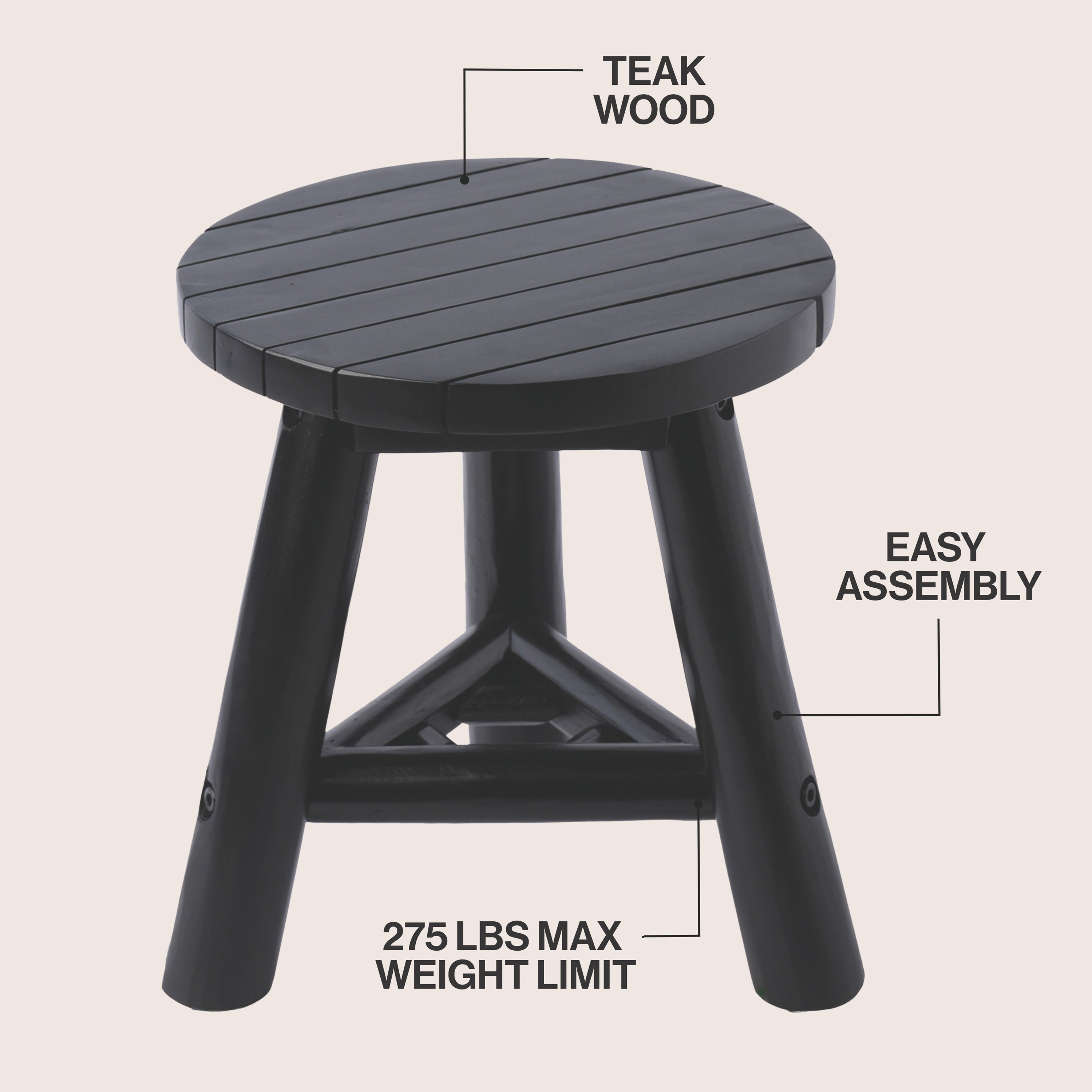 Triform Modern Minimalist Handcrafted Solid Teak Wood Accent Stool with Tri-Leg Base