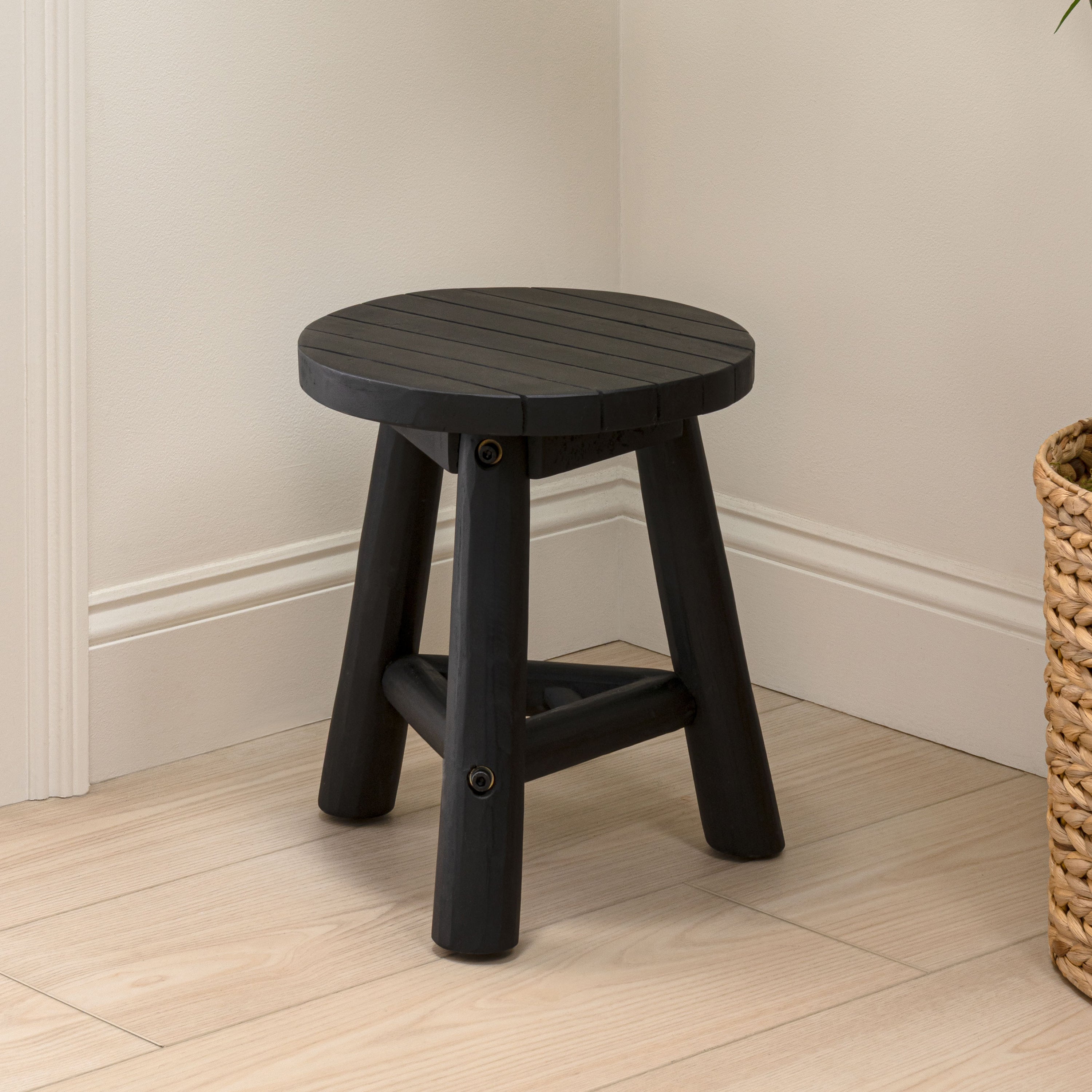 Triform Modern Minimalist Handcrafted Solid Teak Wood Accent Stool with Tri-Leg Base