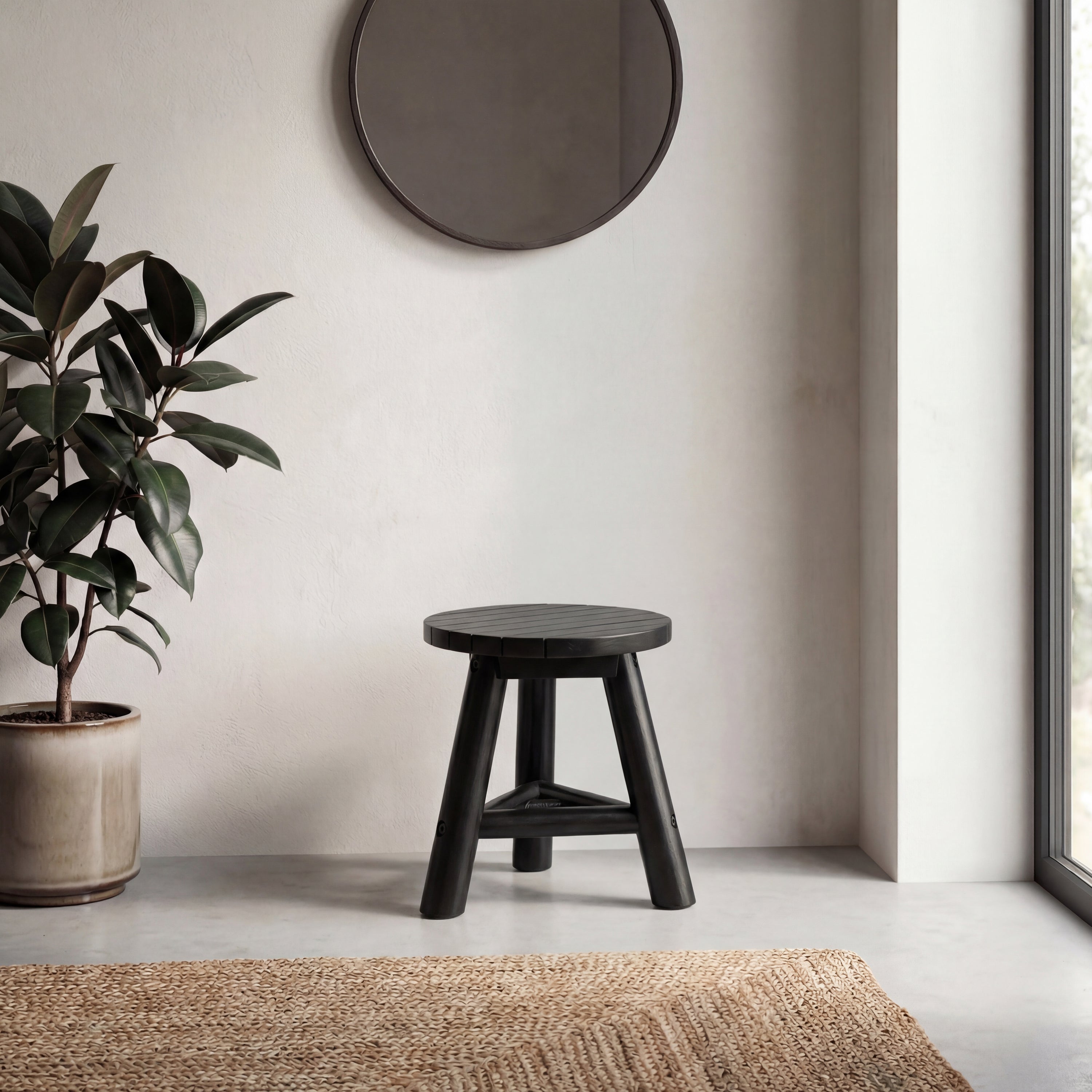 Triform Modern Minimalist Handcrafted Solid Teak Wood Accent Stool with Tri-Leg Base