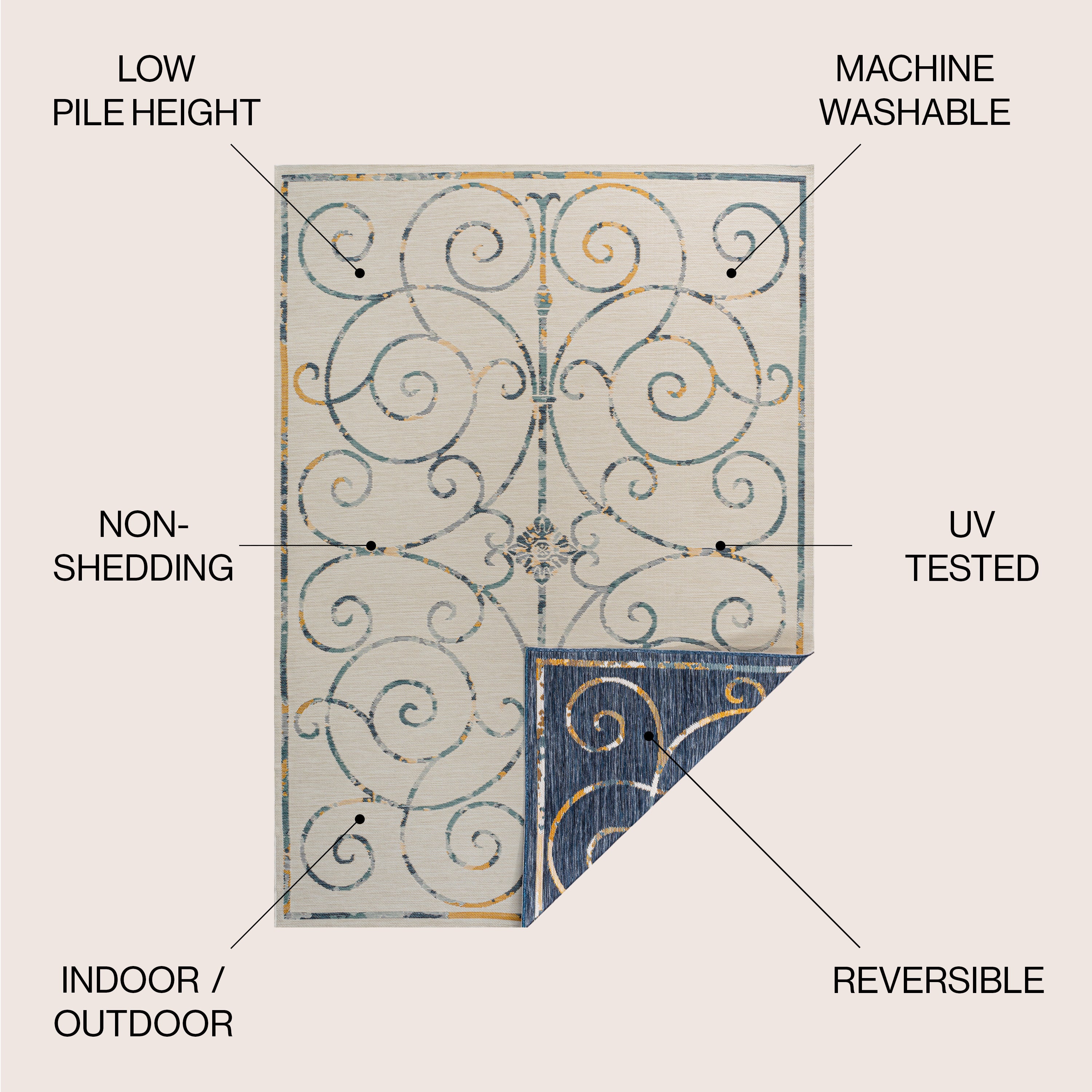 Danae Classic Cottage Filigree Scroll Reversible Machine-Washable Indoor/Outdoor Runner Rug