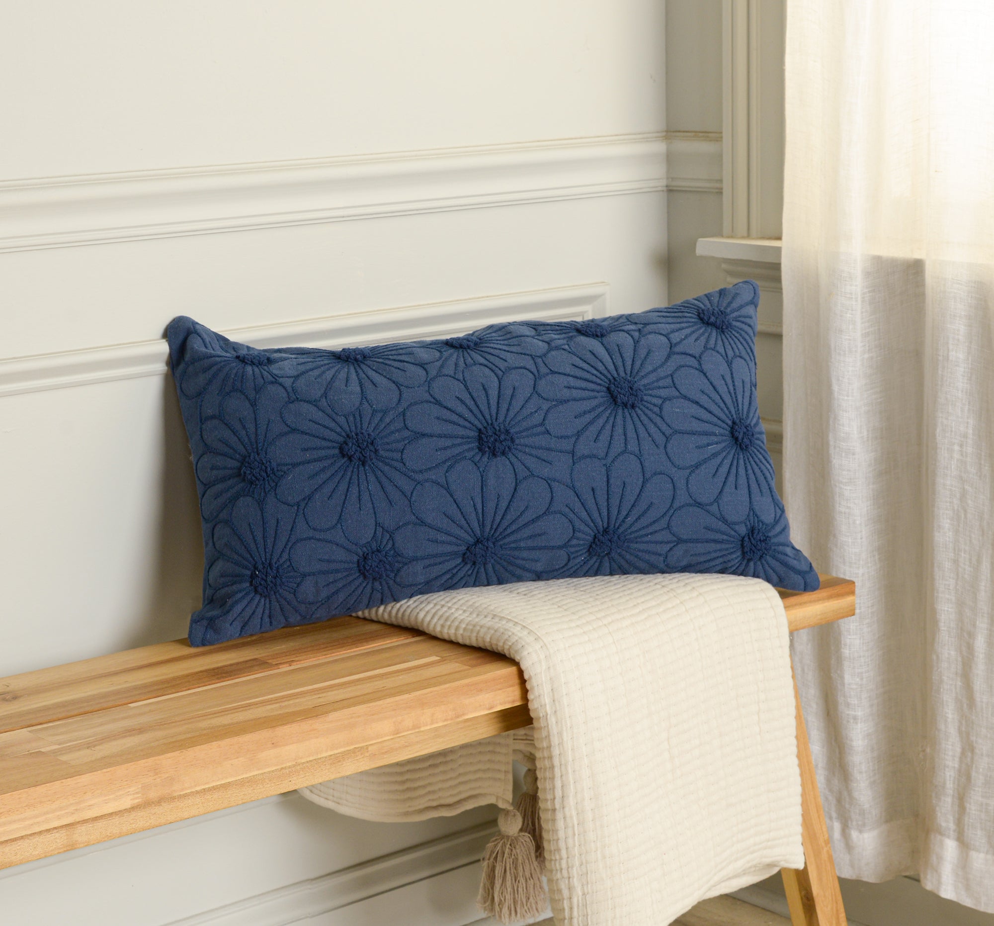 Cotton Embroidered Botanical Solid Decorative Throw Pillow
