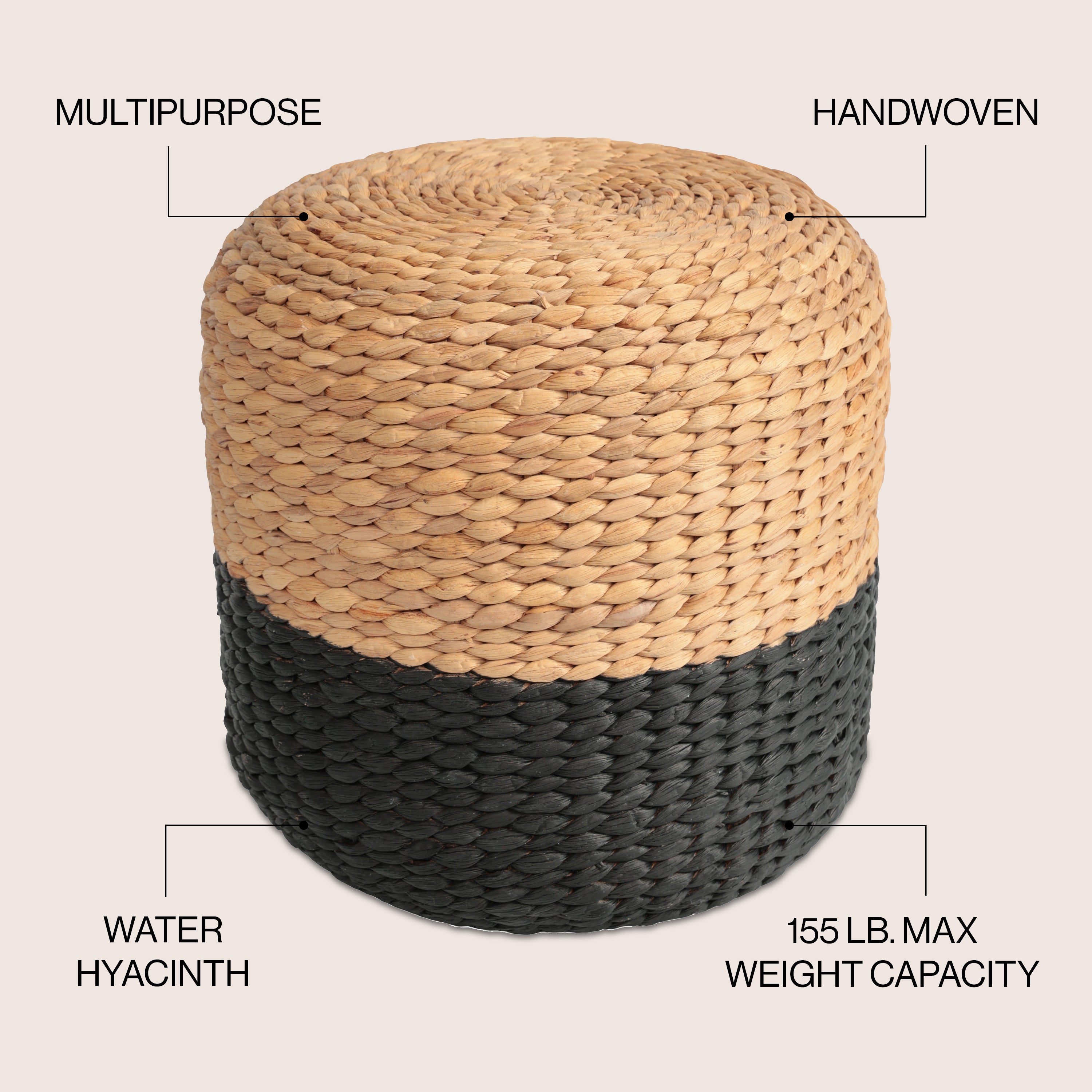 Aimee 15.7" Modern Two-Tone Hand-Woven Hyacinth Stool/Ottoman