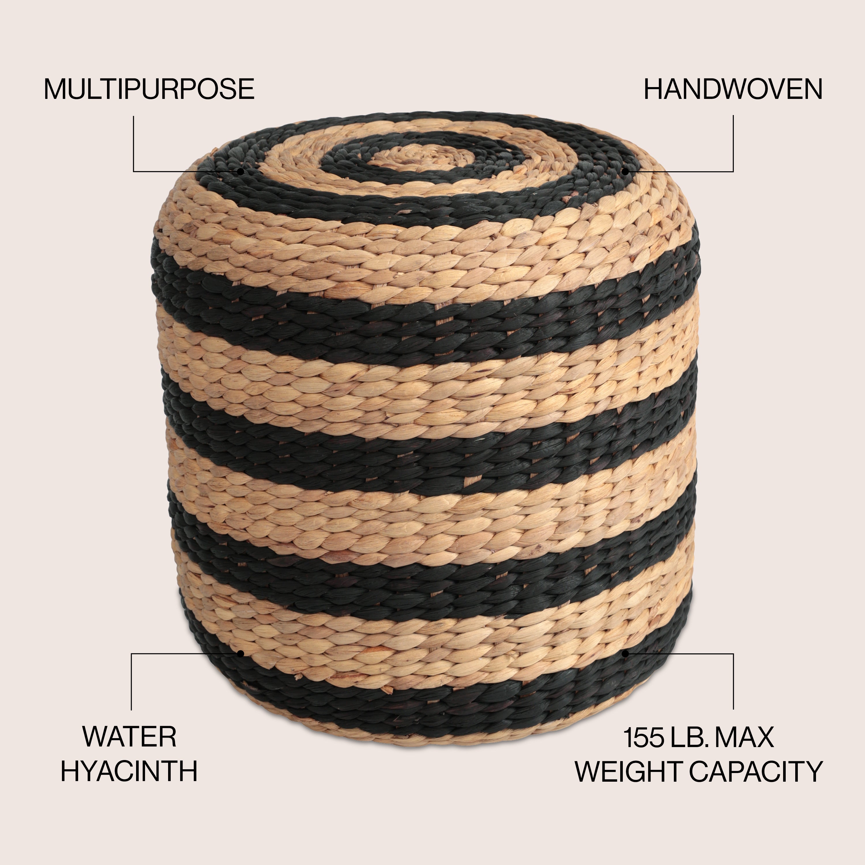 Aimee 15.7" Striped Modern Hand-Woven Hyacinth Stool/Ottoman