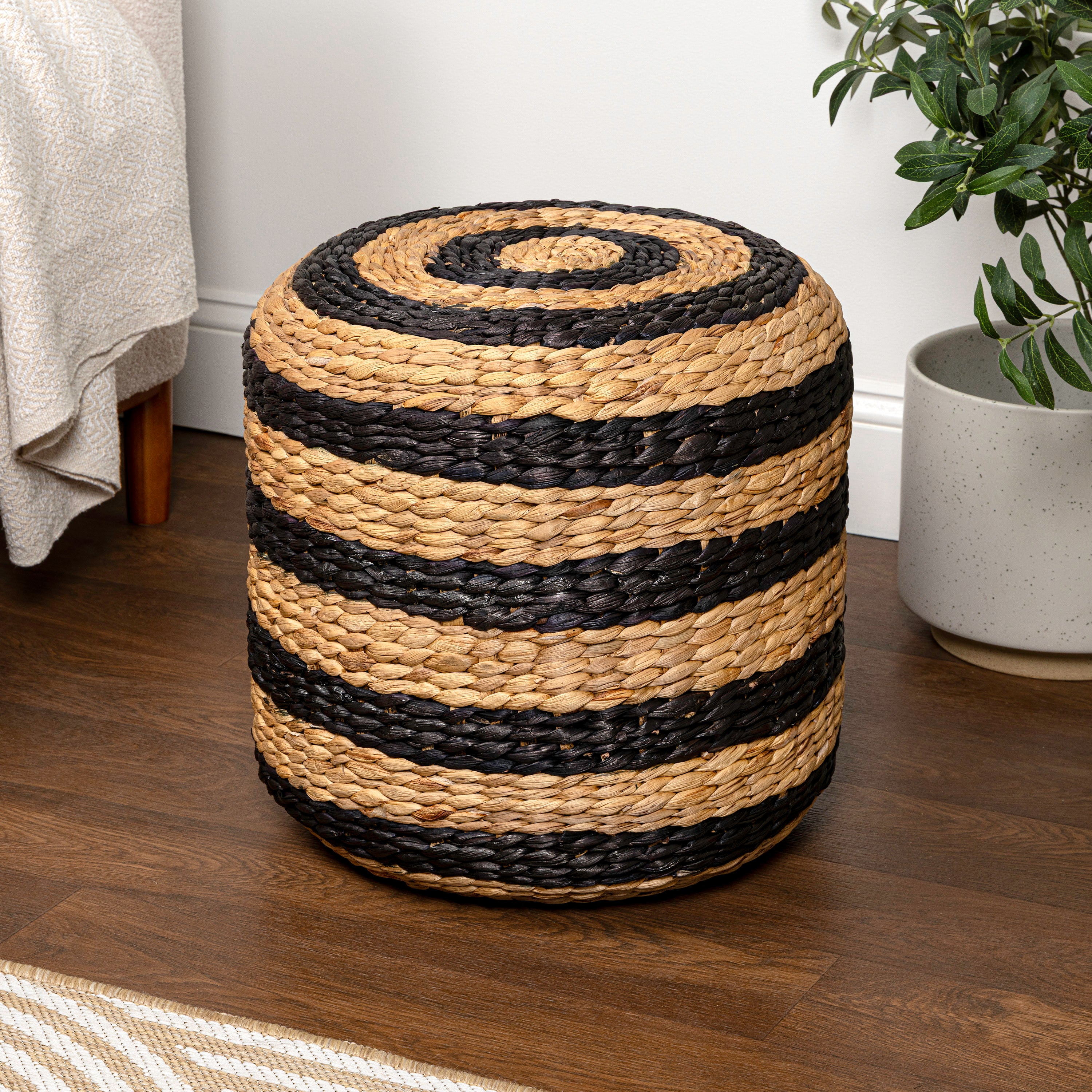 Aimee 15.7" Striped Modern Hand-Woven Hyacinth Stool/Ottoman