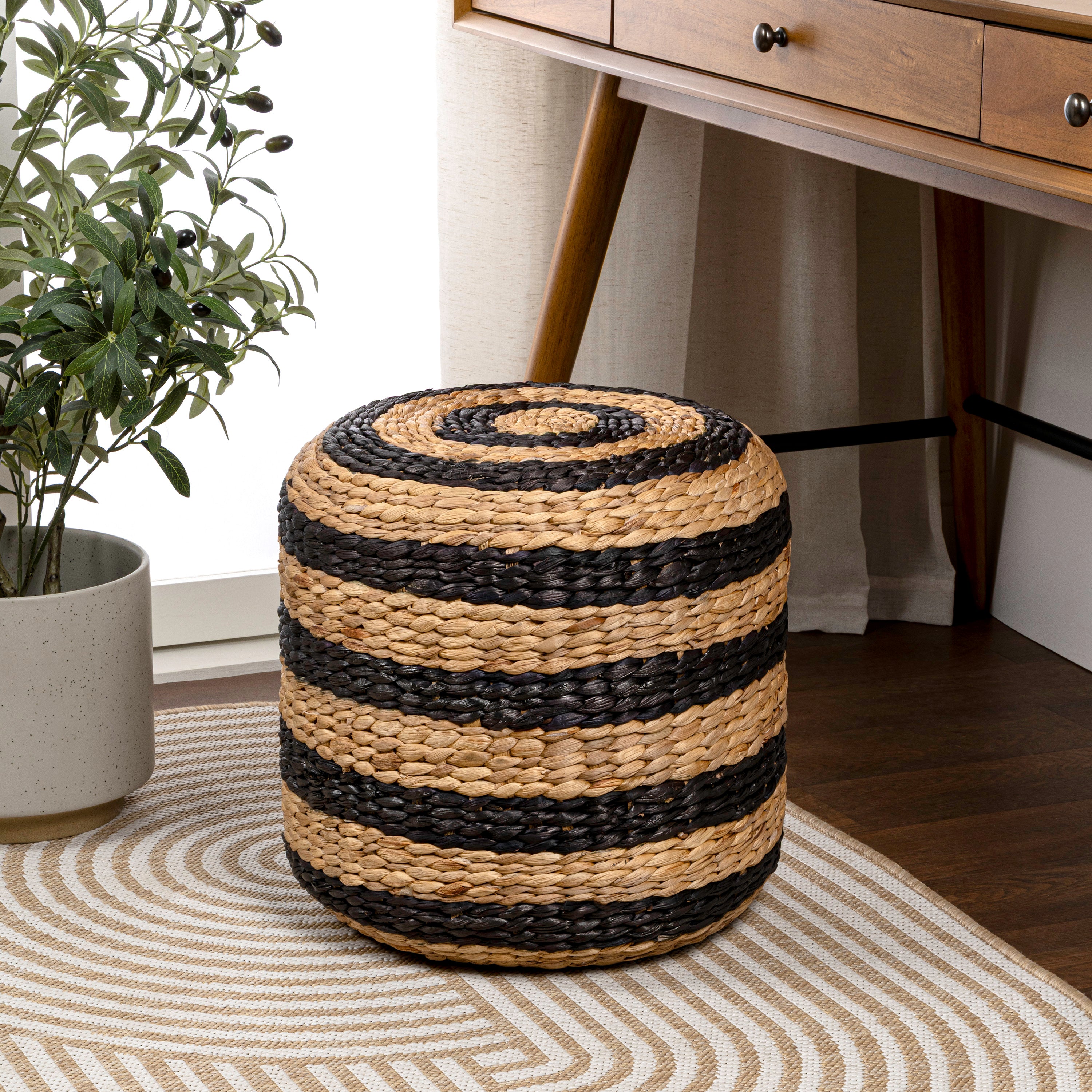 Aimee 15.7" Striped Modern Hand-Woven Hyacinth Stool/Ottoman