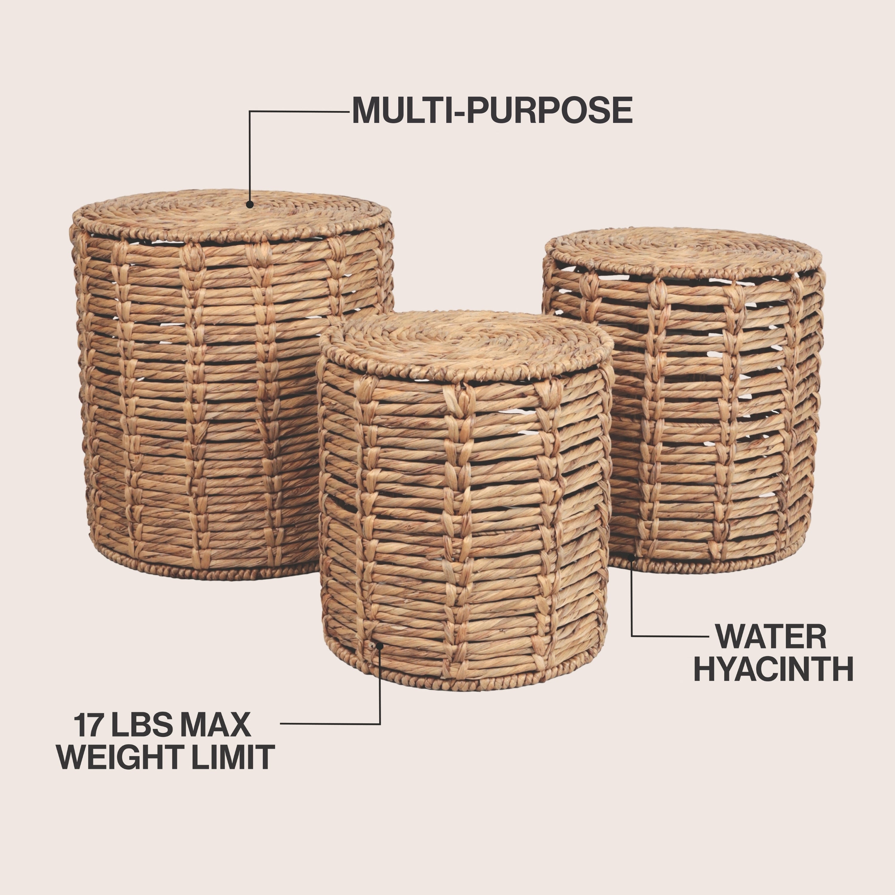 Zaria Coastal Bohemian Handwoven Water Hyacinth Nesting Round Accent Table, Set of 3