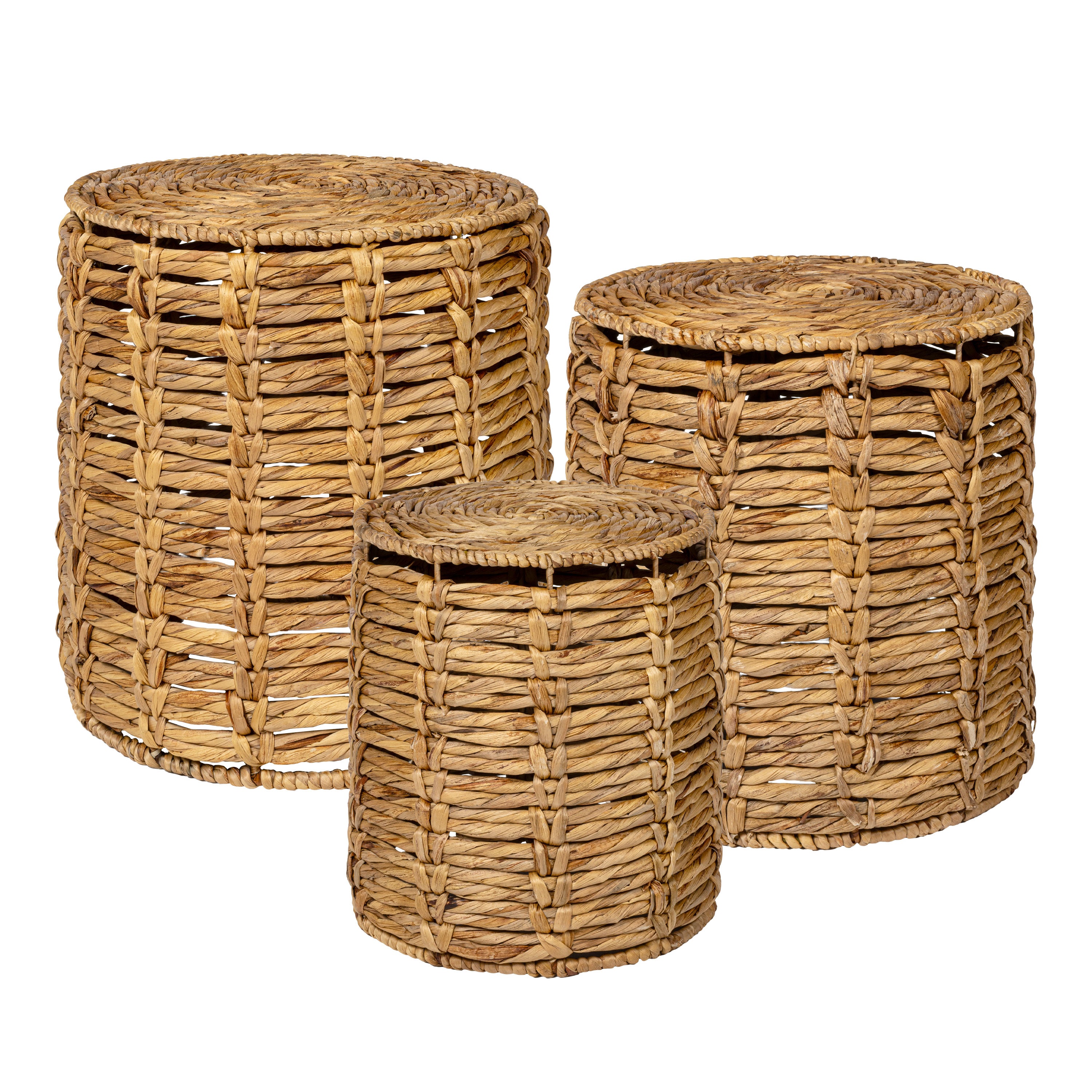 Zaria Coastal Bohemian Handwoven Water Hyacinth Nesting Round Accent Table, Set of 3