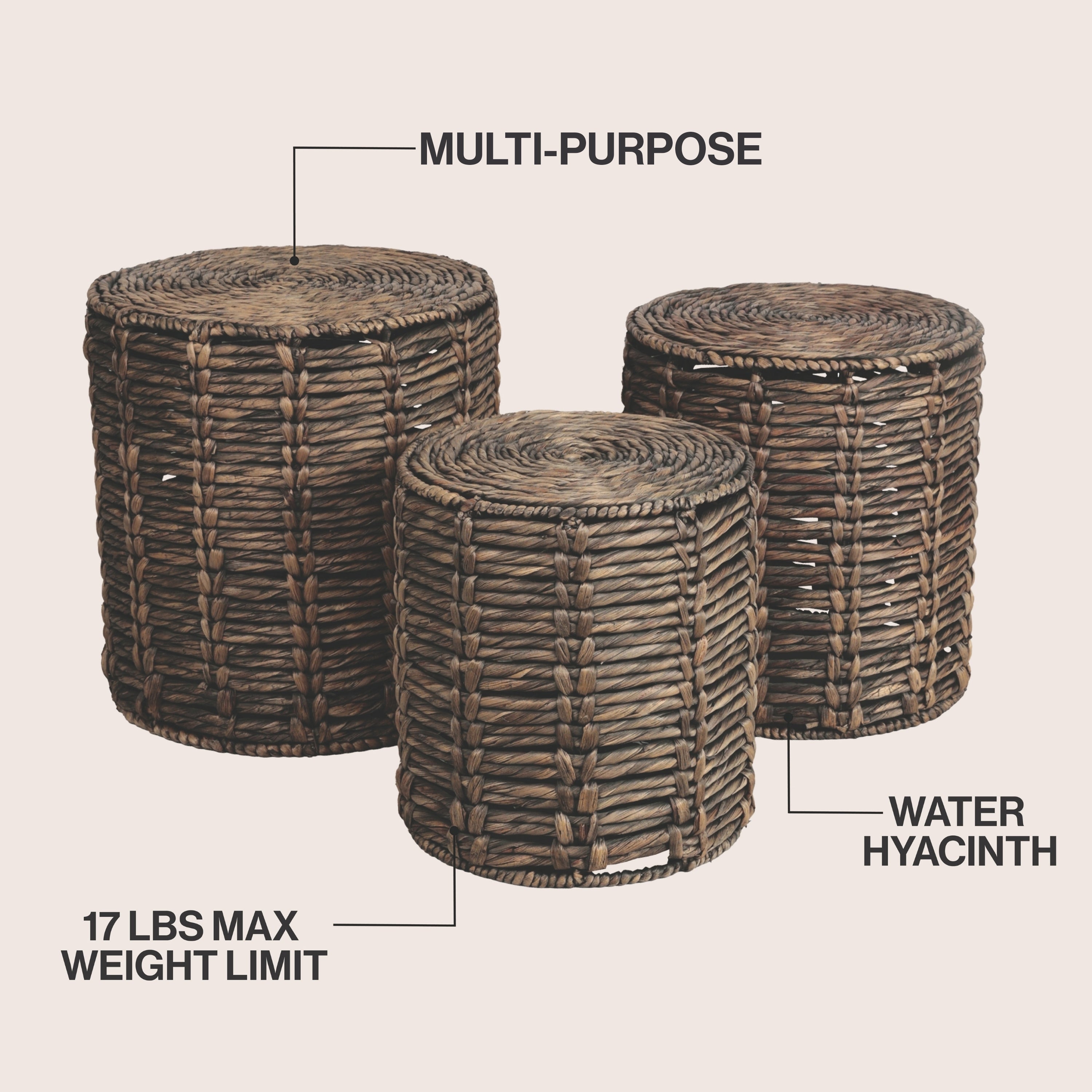 Zaria Coastal Bohemian Handwoven Water Hyacinth Nesting Round Accent Table, Set of 3