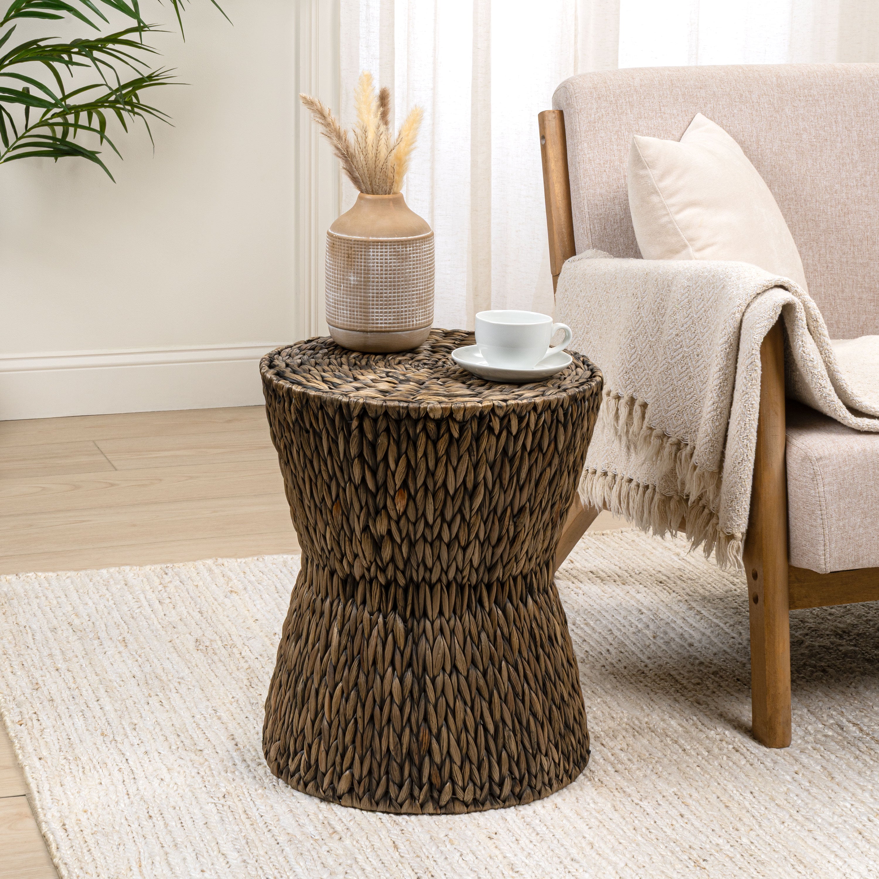 Natura 15.75" Coastal Bohemian Handwoven Water Hyacinth Round Hourglass End Table