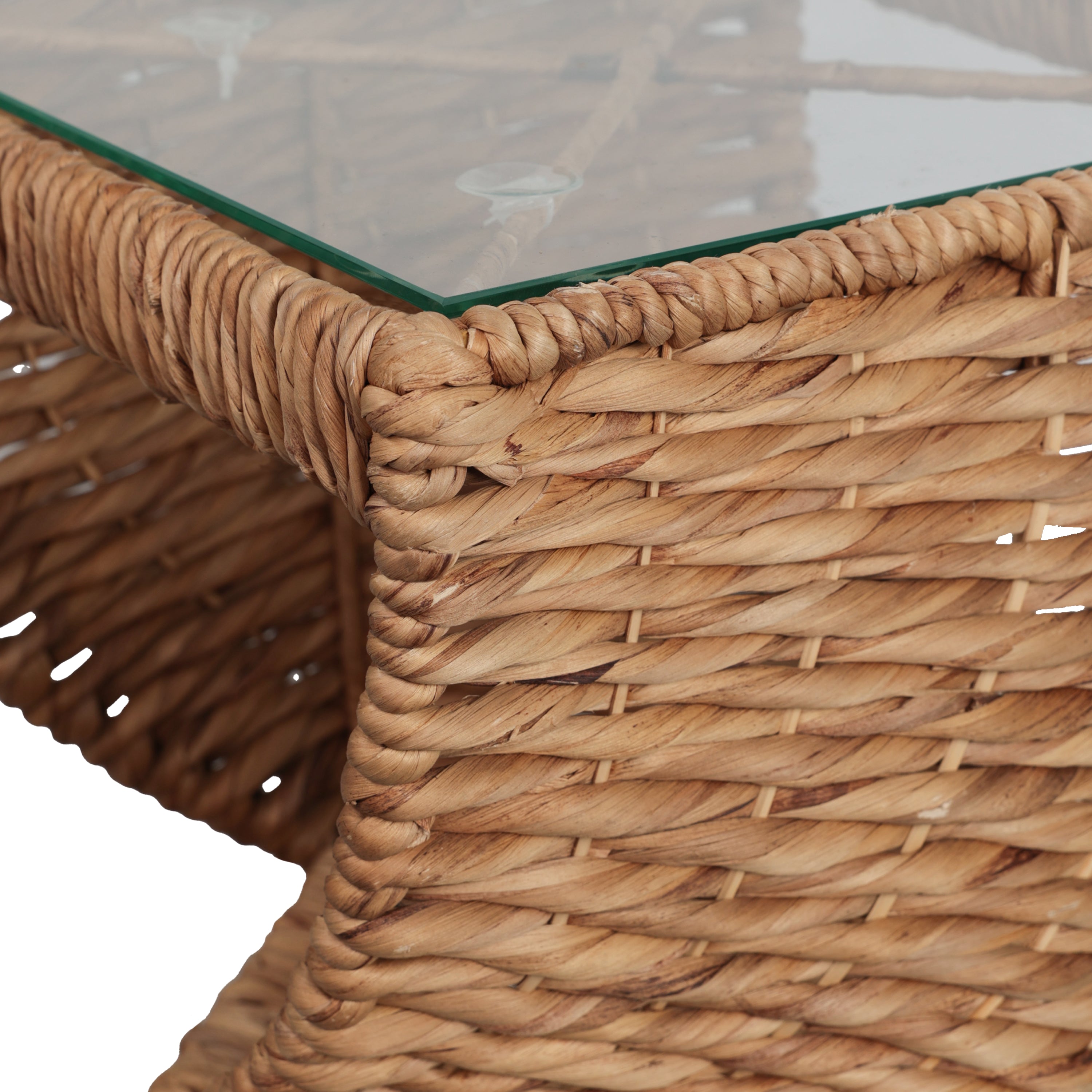 Suraya 14" Coastal Bohemian Handwoven Water Hyacinth Sculptural Twisted End Table with Glass Top and Storage Shelf