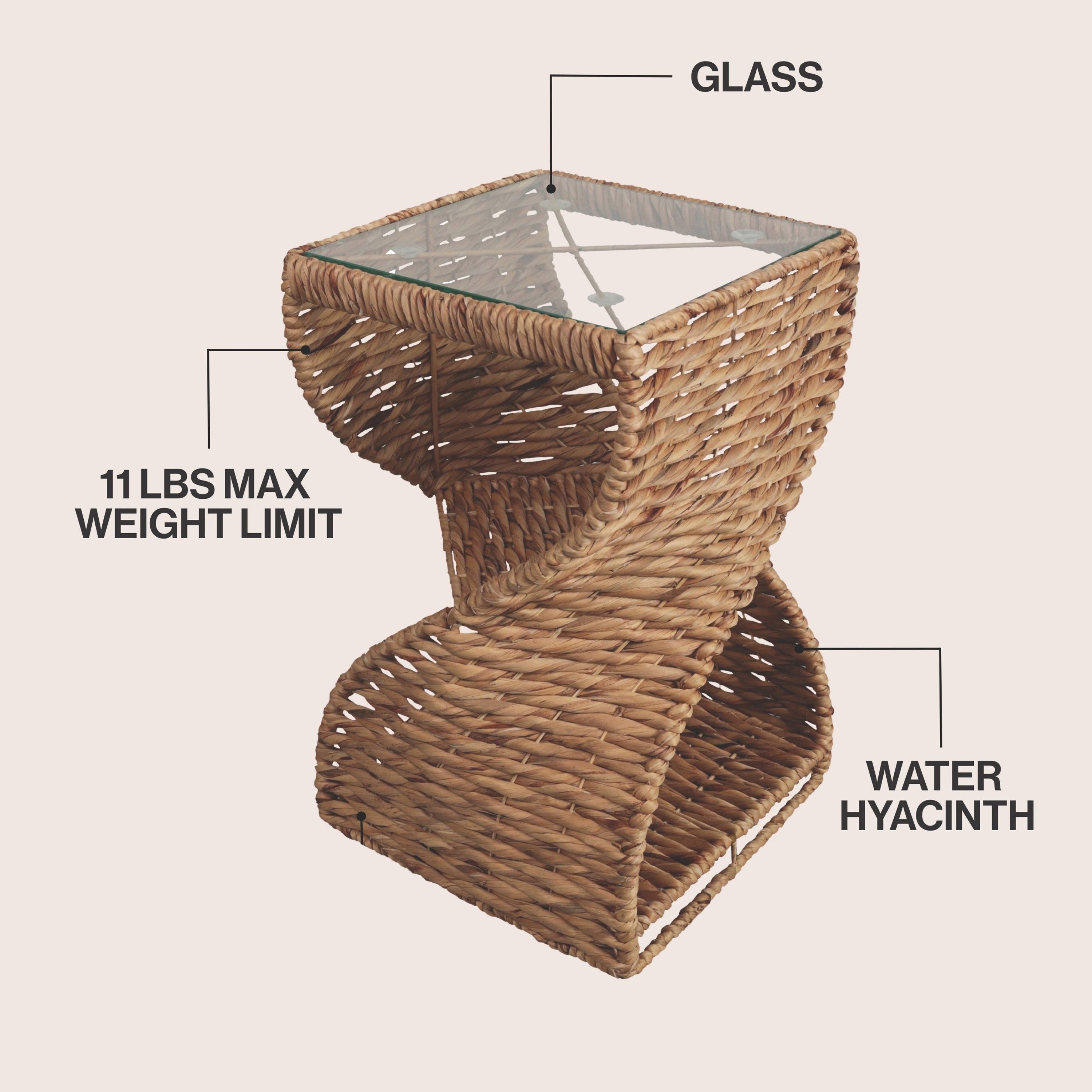 Suraya 14" Coastal Bohemian Handwoven Water Hyacinth Sculptural Twisted End Table with Glass Top and Storage Shelf