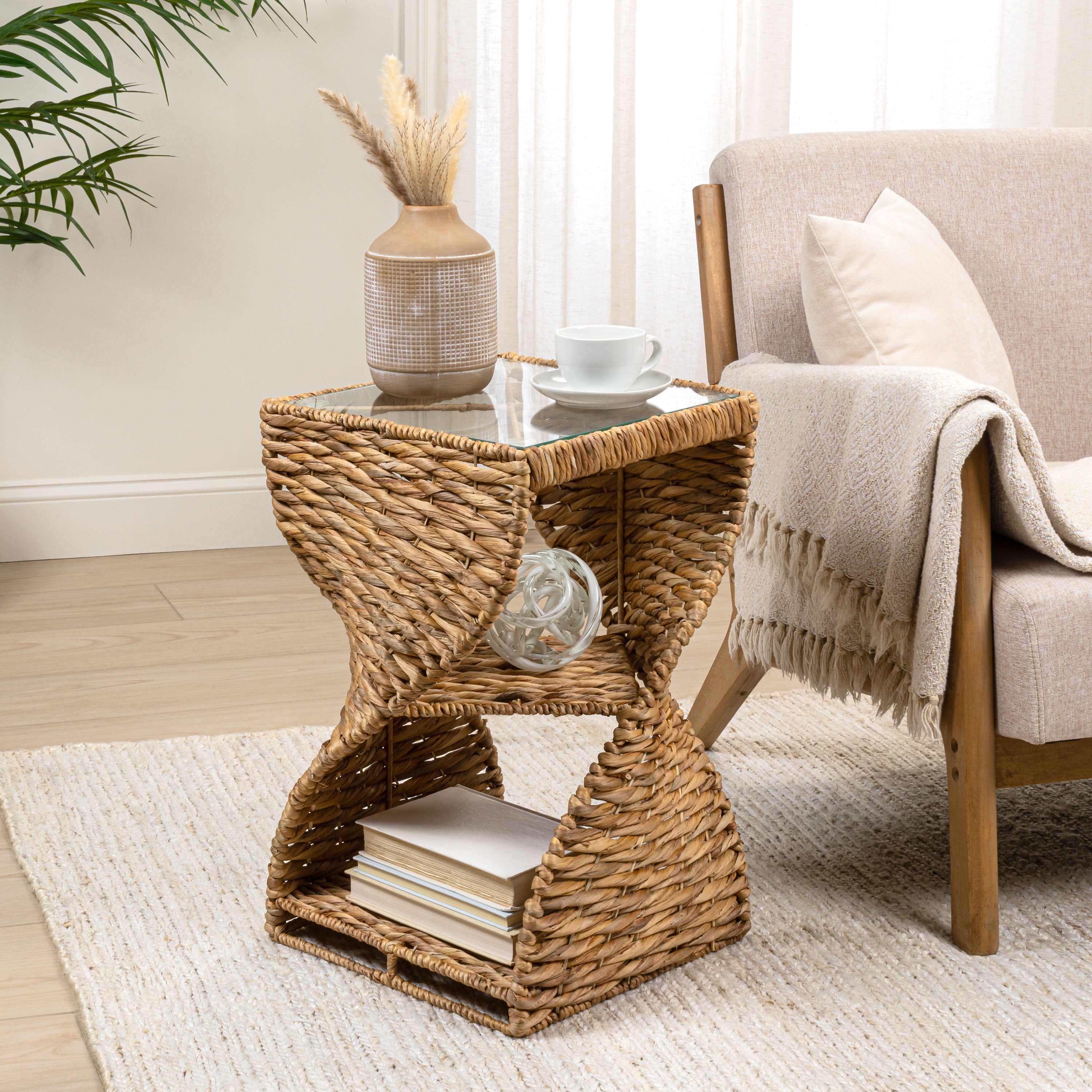 Suraya 14" Coastal Bohemian Handwoven Water Hyacinth Sculptural Twisted End Table with Glass Top and Storage Shelf