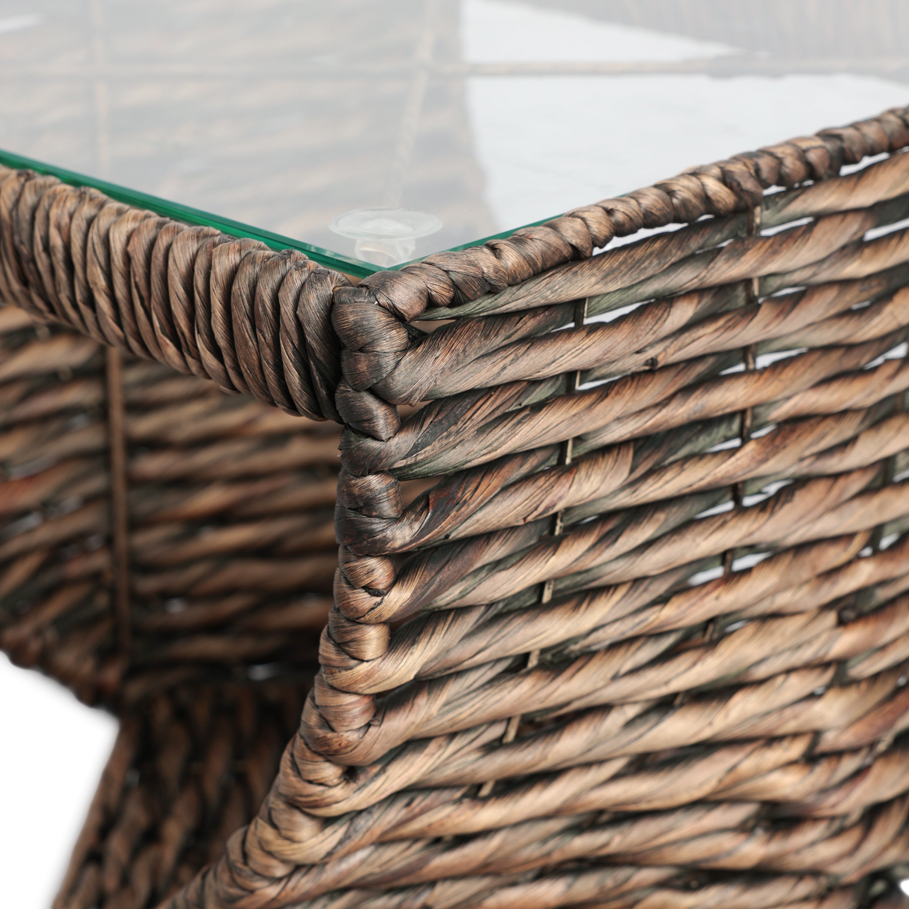 Suraya 14" Coastal Bohemian Handwoven Water Hyacinth Sculptural Twisted End Table with Glass Top and Storage Shelf