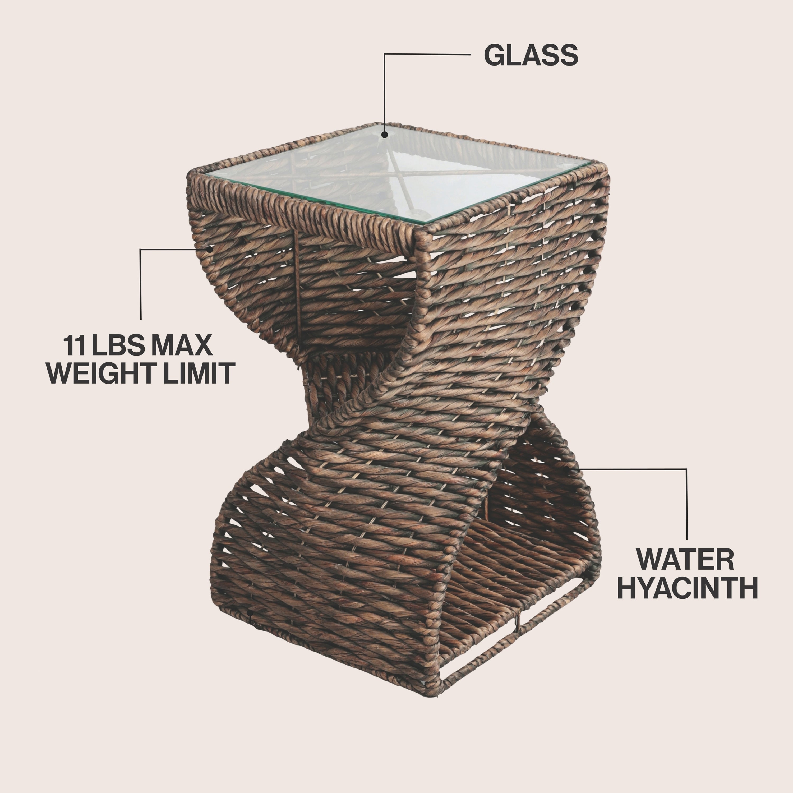 Suraya 14" Coastal Bohemian Handwoven Water Hyacinth Sculptural Twisted End Table with Glass Top and Storage Shelf