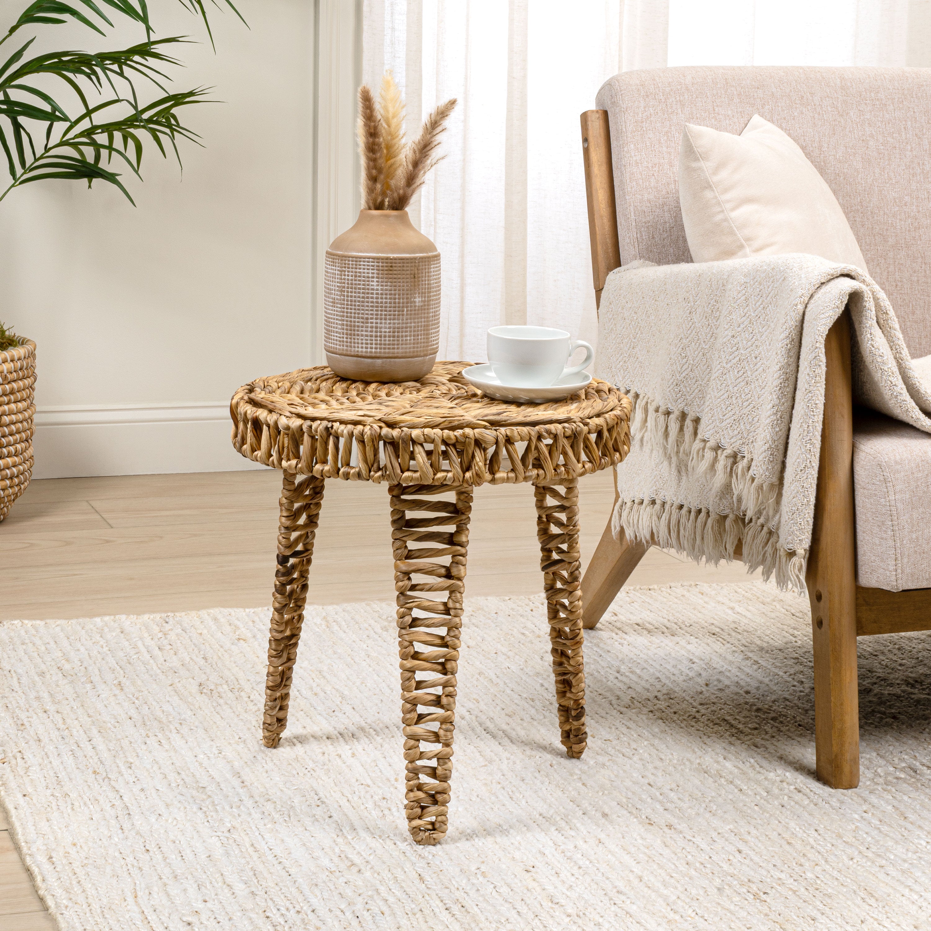 Amara 17" Coastal Bohemian Handwoven Water Hyacinth Round Tripod End Table