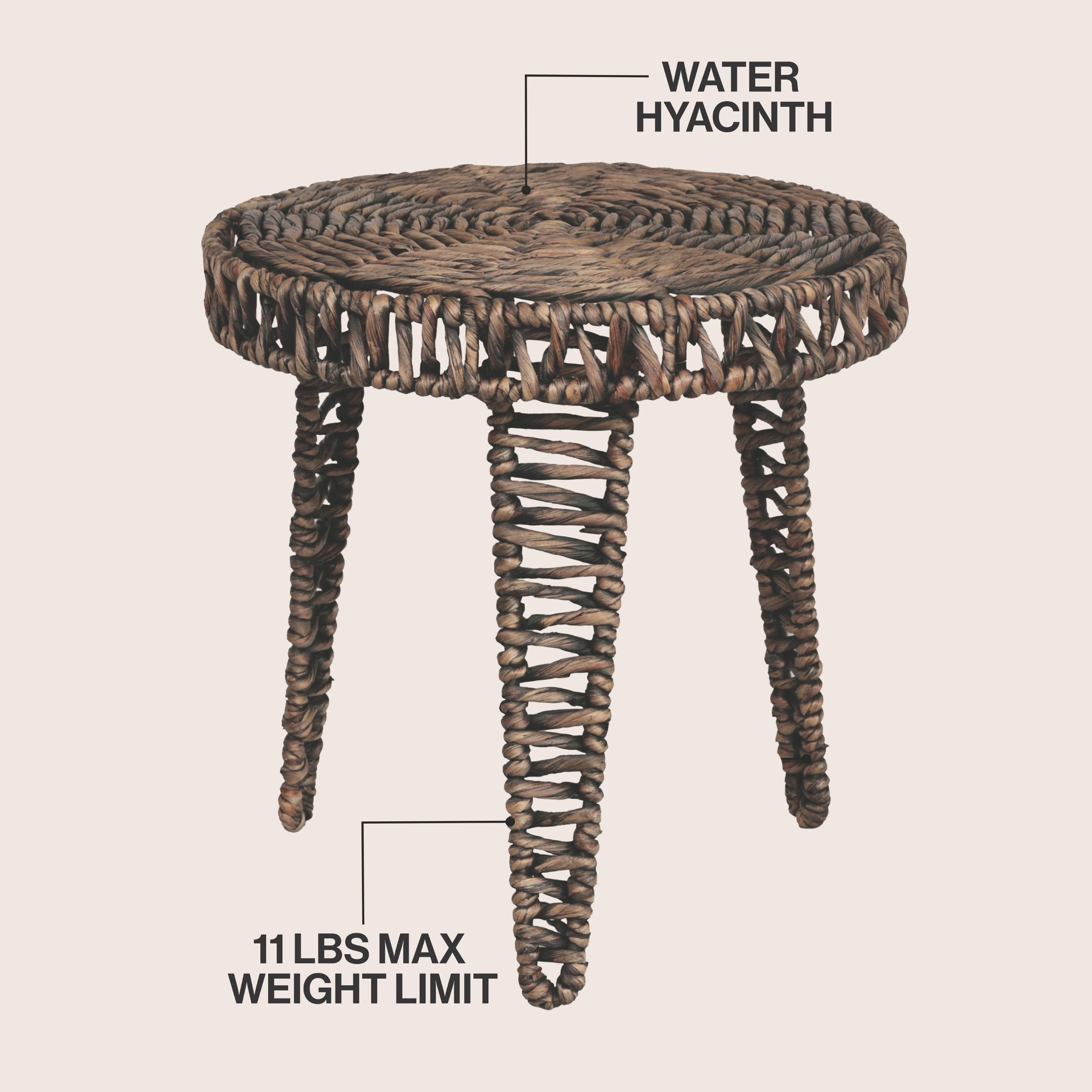 Amara 17" Coastal Bohemian Handwoven Water Hyacinth Round Tripod End Table