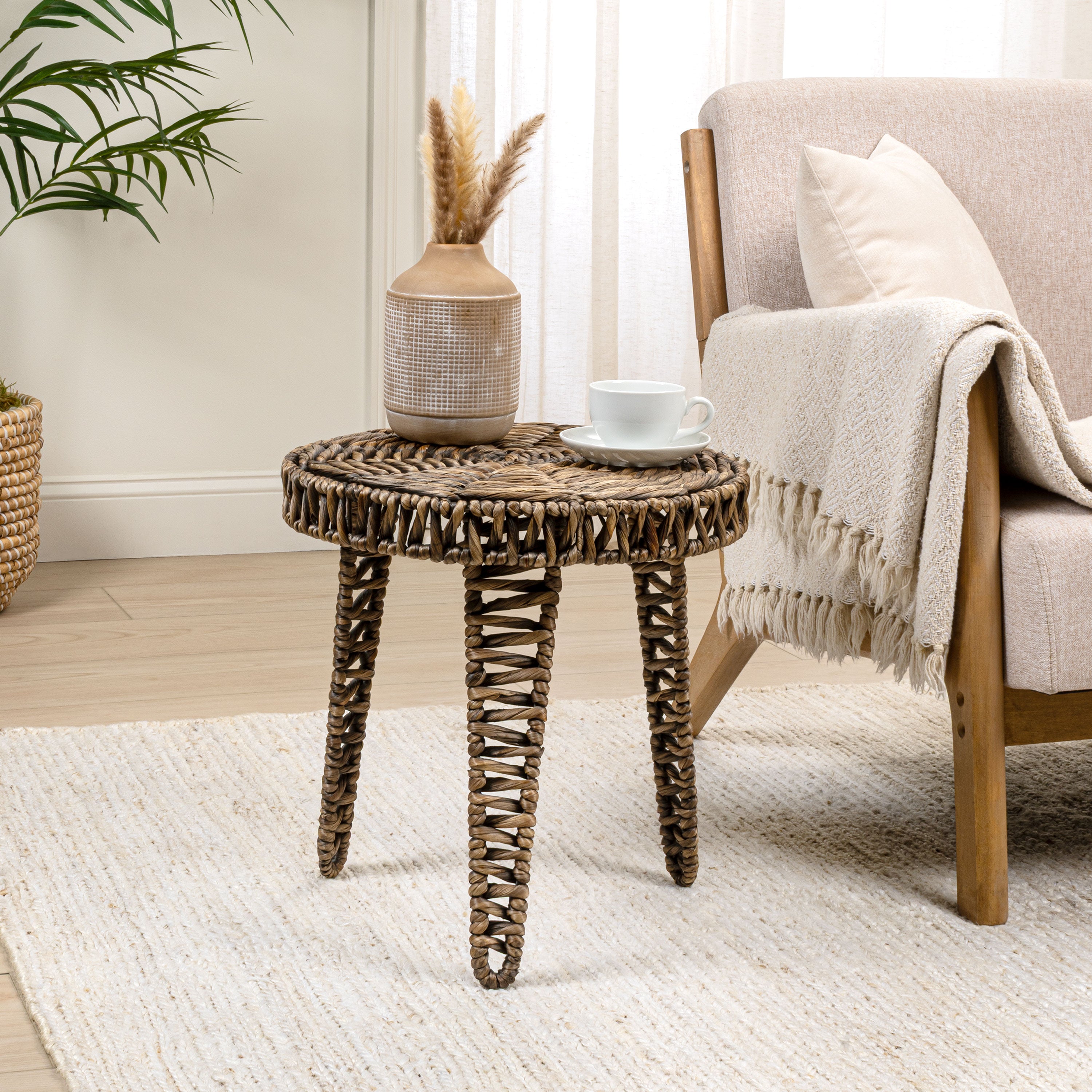 Amara 17" Coastal Bohemian Handwoven Water Hyacinth Round Tripod End Table