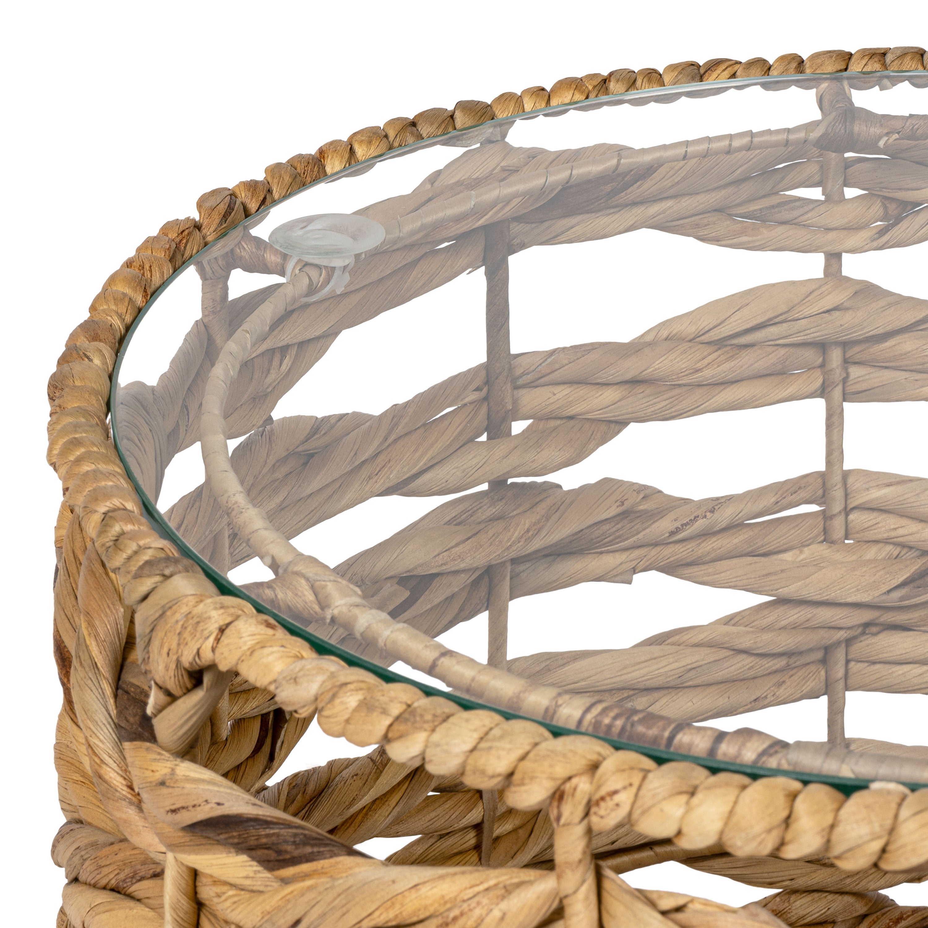 Malaya 16" Bohemian Coastal Handwoven Water Hyacinth Open Weave Round End Table with Glass Top