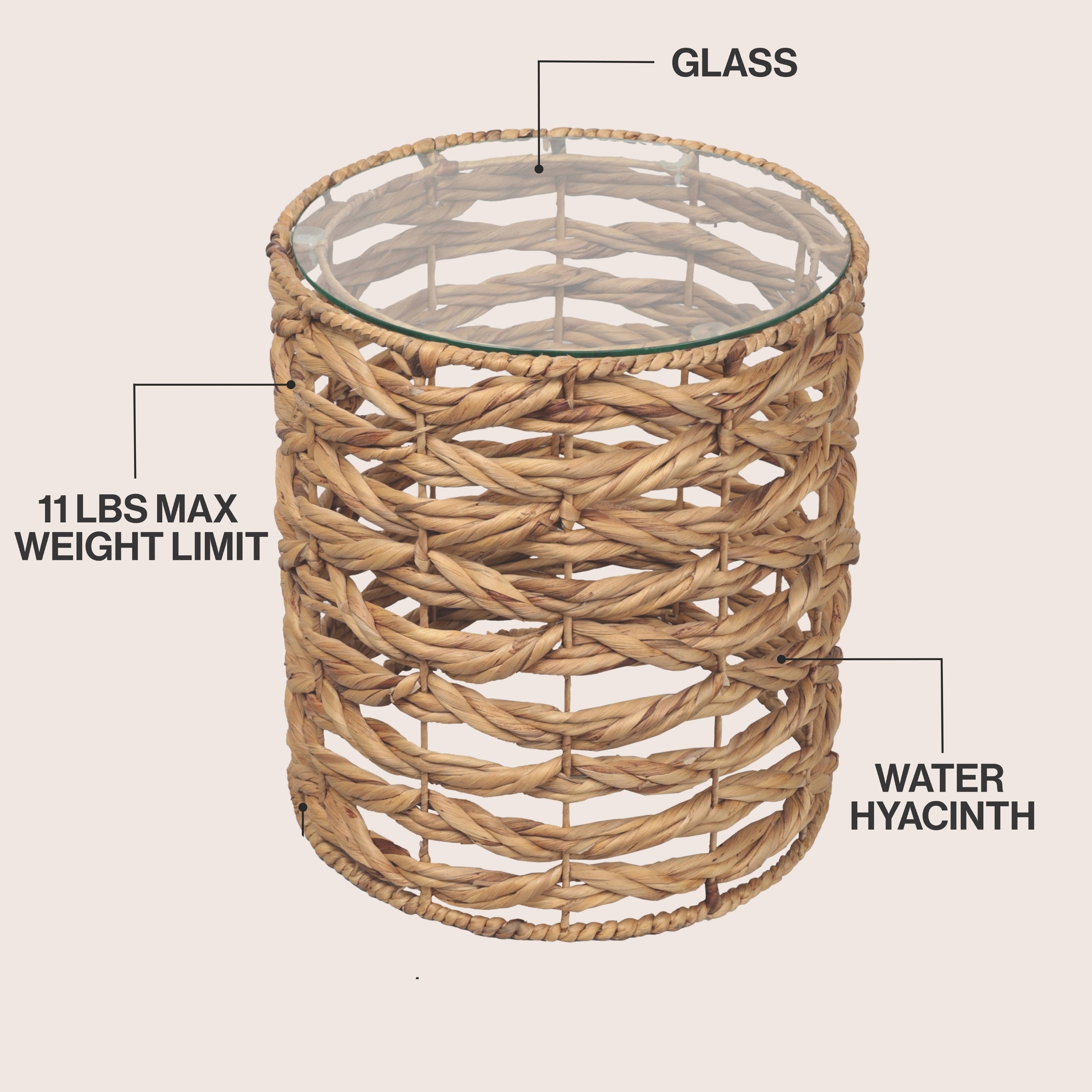 Malaya 16" Bohemian Coastal Handwoven Water Hyacinth Open Weave Round End Table with Glass Top
