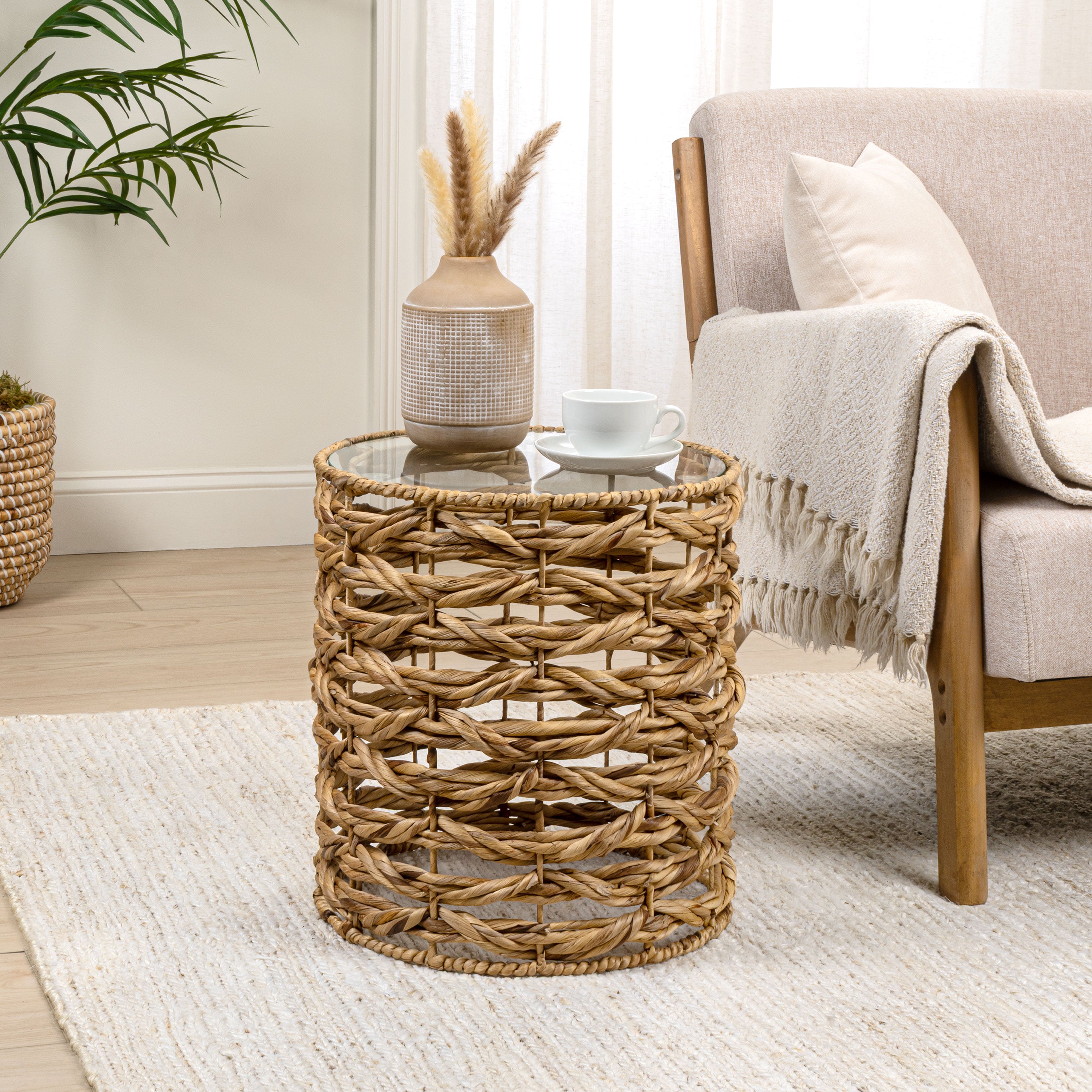 Malaya 16" Bohemian Coastal Handwoven Water Hyacinth Open Weave Round End Table with Glass Top