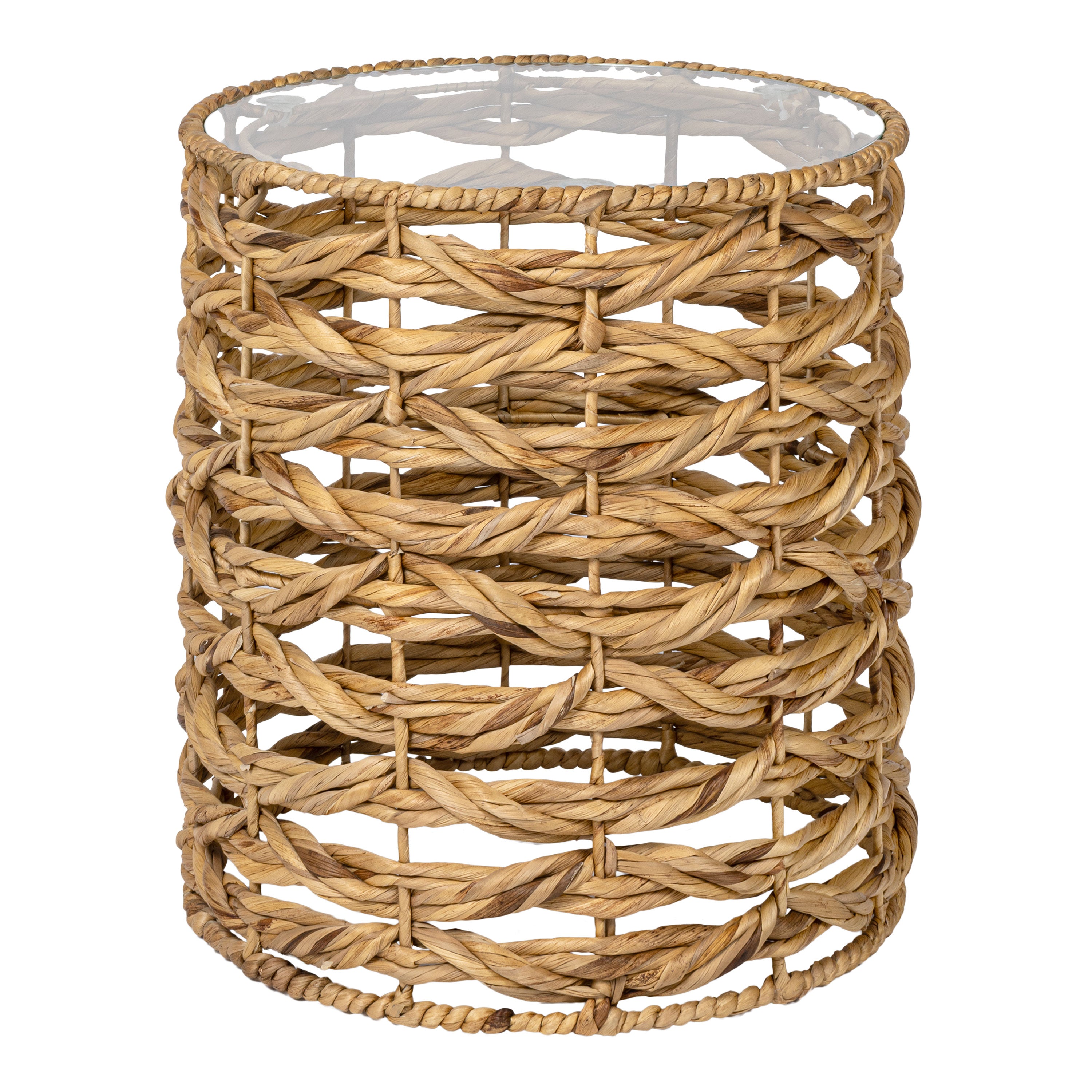Malaya 16" Bohemian Coastal Handwoven Water Hyacinth Open Weave Round End Table with Glass Top