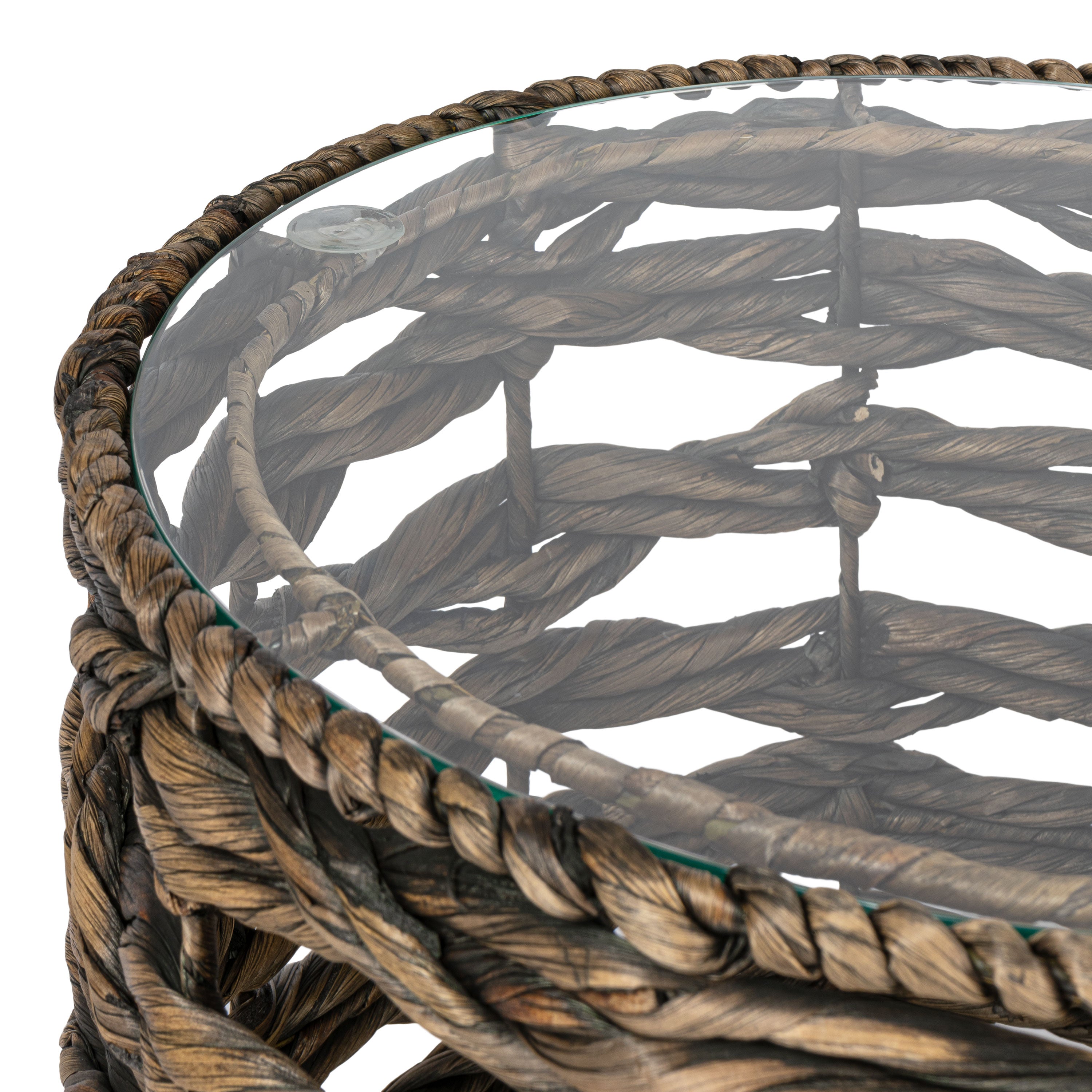 Malaya 16" Bohemian Coastal Handwoven Water Hyacinth Open Weave Round End Table with Glass Top