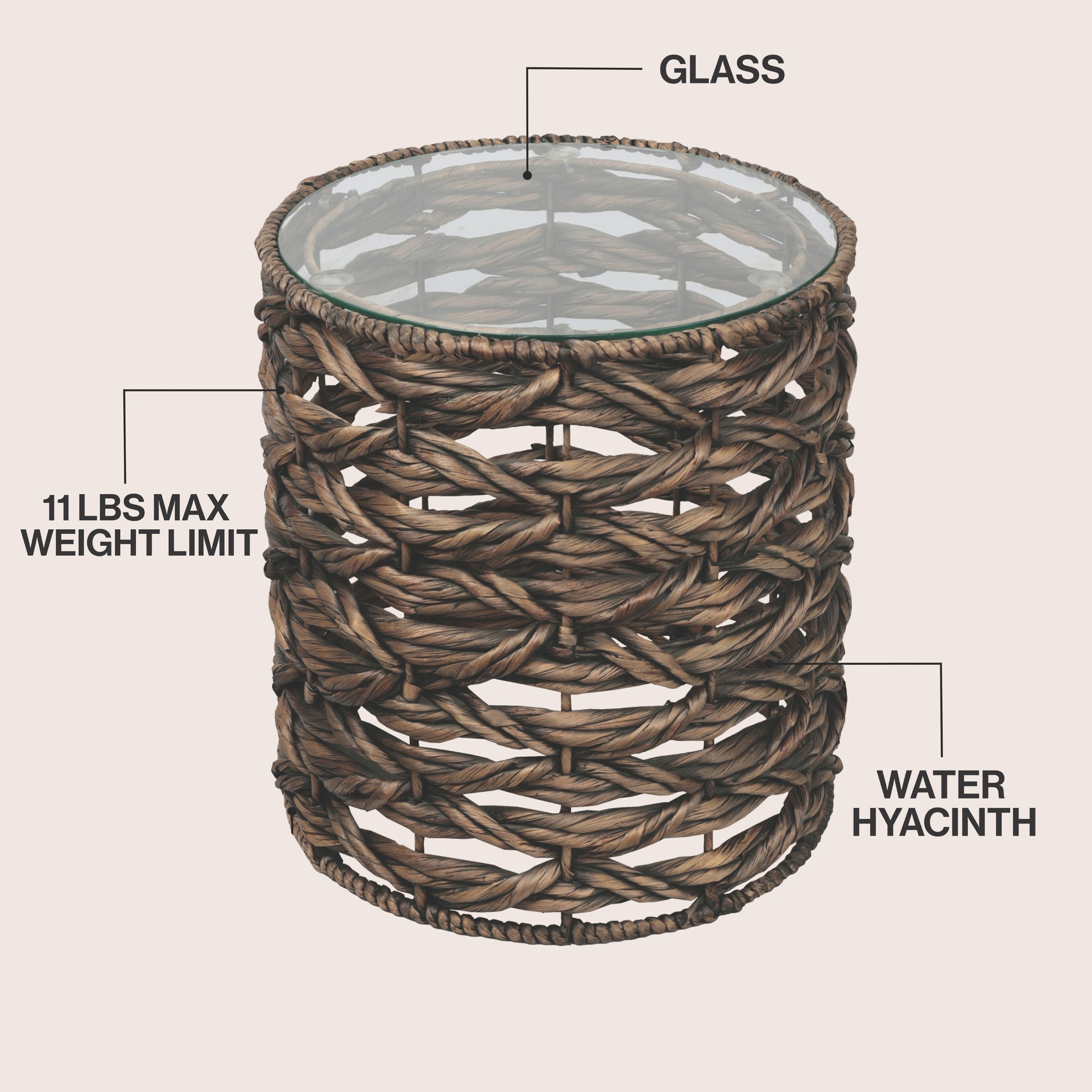 Malaya 16" Bohemian Coastal Handwoven Water Hyacinth Open Weave Round End Table with Glass Top