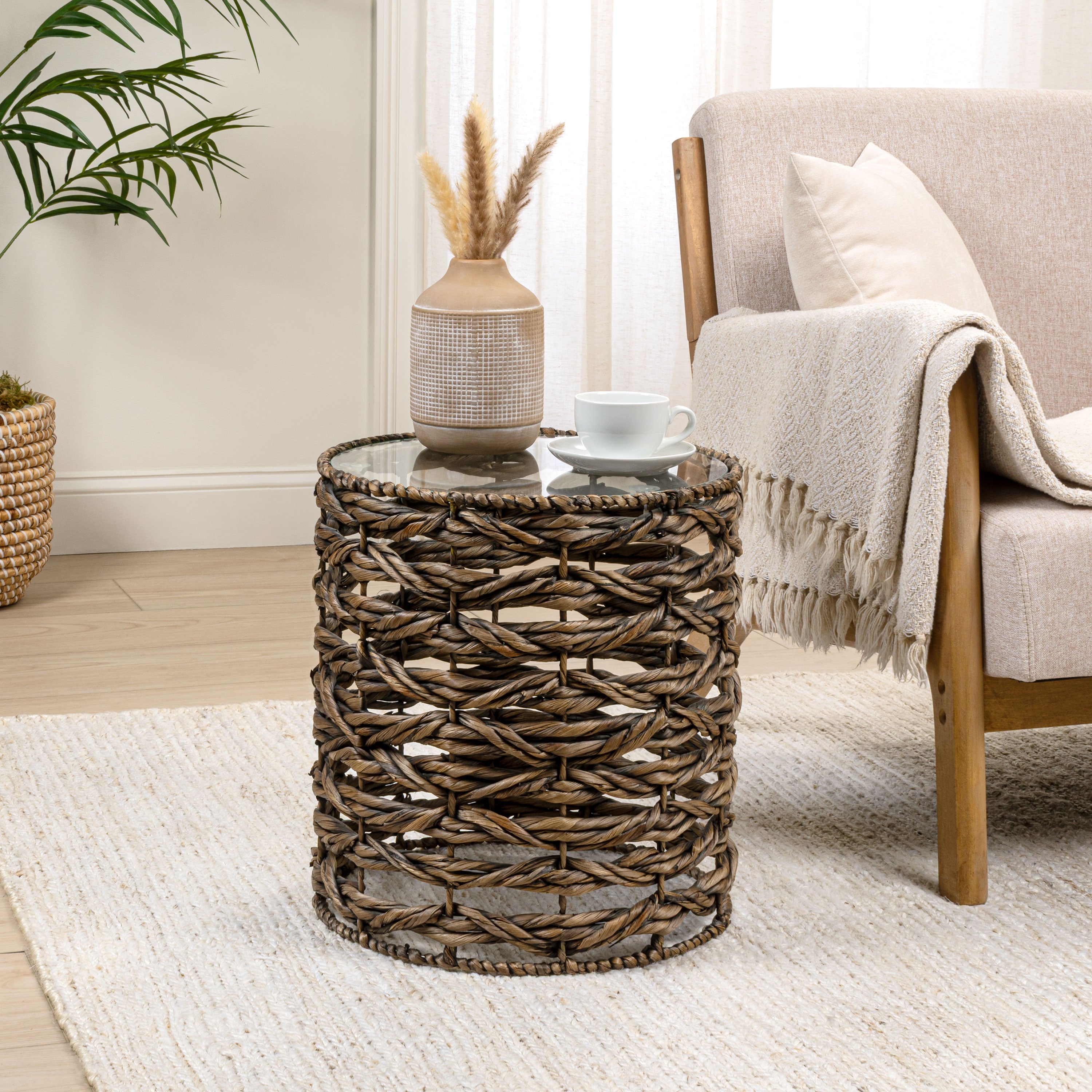 Malaya 16" Bohemian Coastal Handwoven Water Hyacinth Open Weave Round End Table with Glass Top
