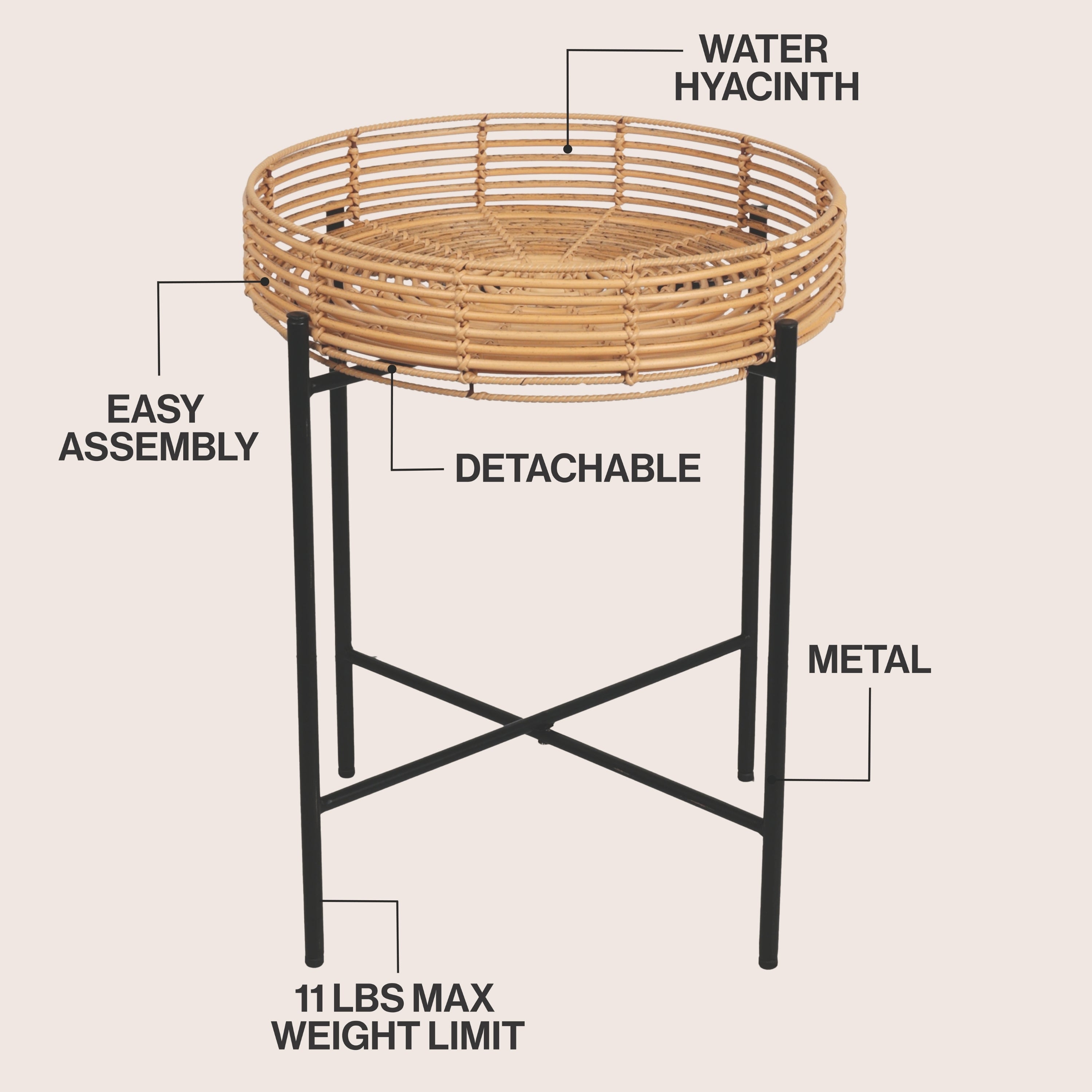 Malia 20" Coastal Bohemian Faux Rattan Round Tray End Table with Metal Base
