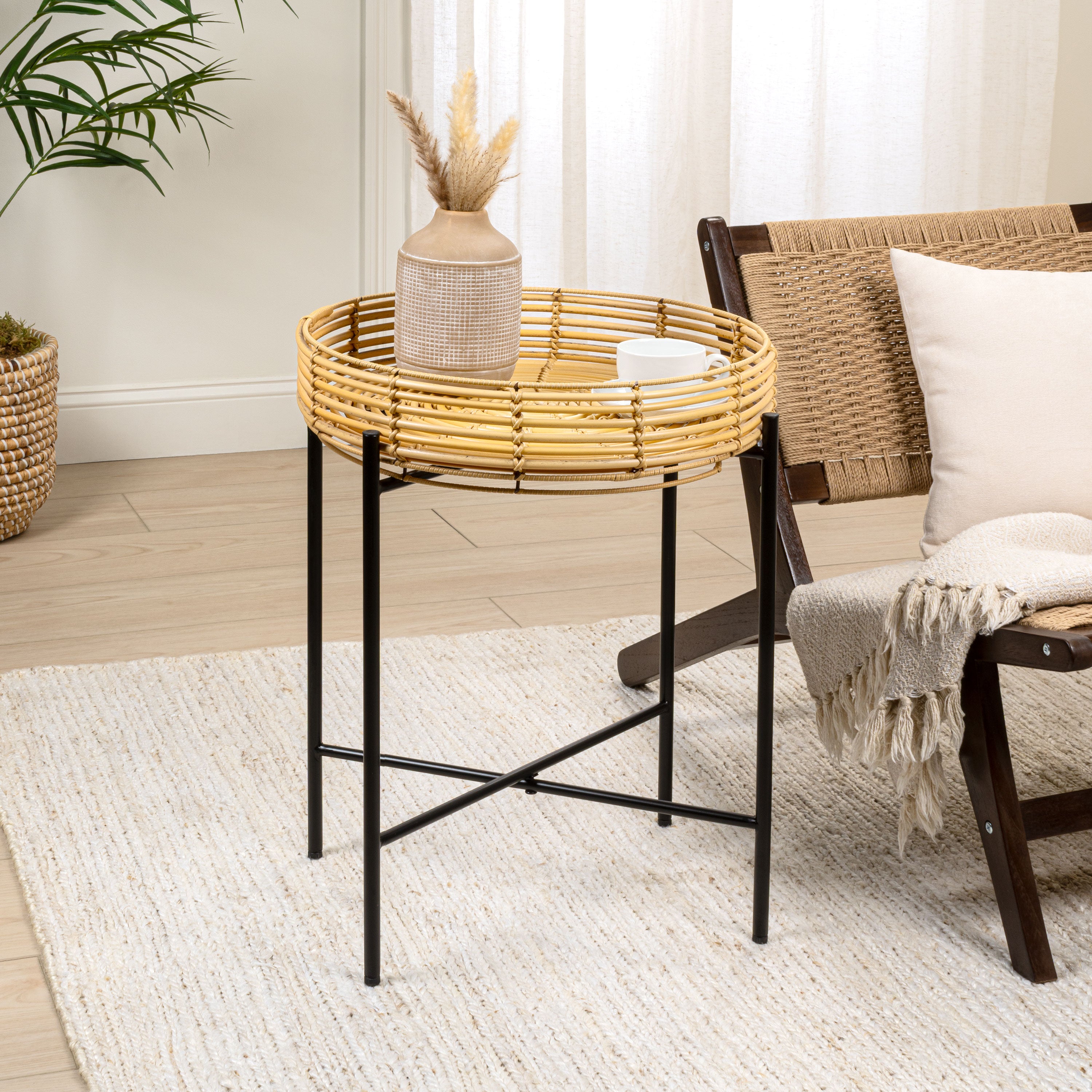 Malia 20" Coastal Bohemian Faux Rattan Round Tray End Table with Metal Base