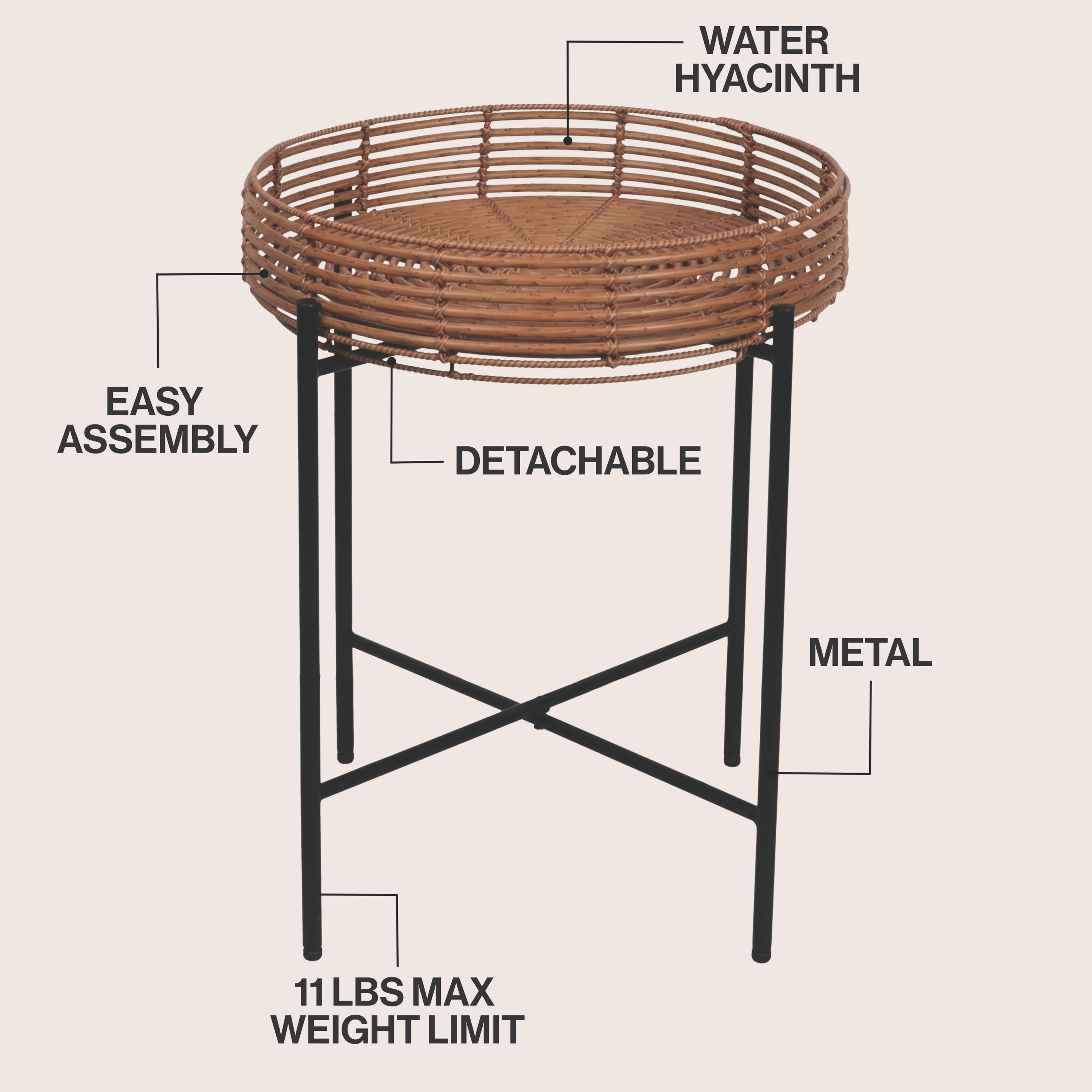 Malia 20" Coastal Bohemian Faux Rattan Round Tray End Table with Metal Base